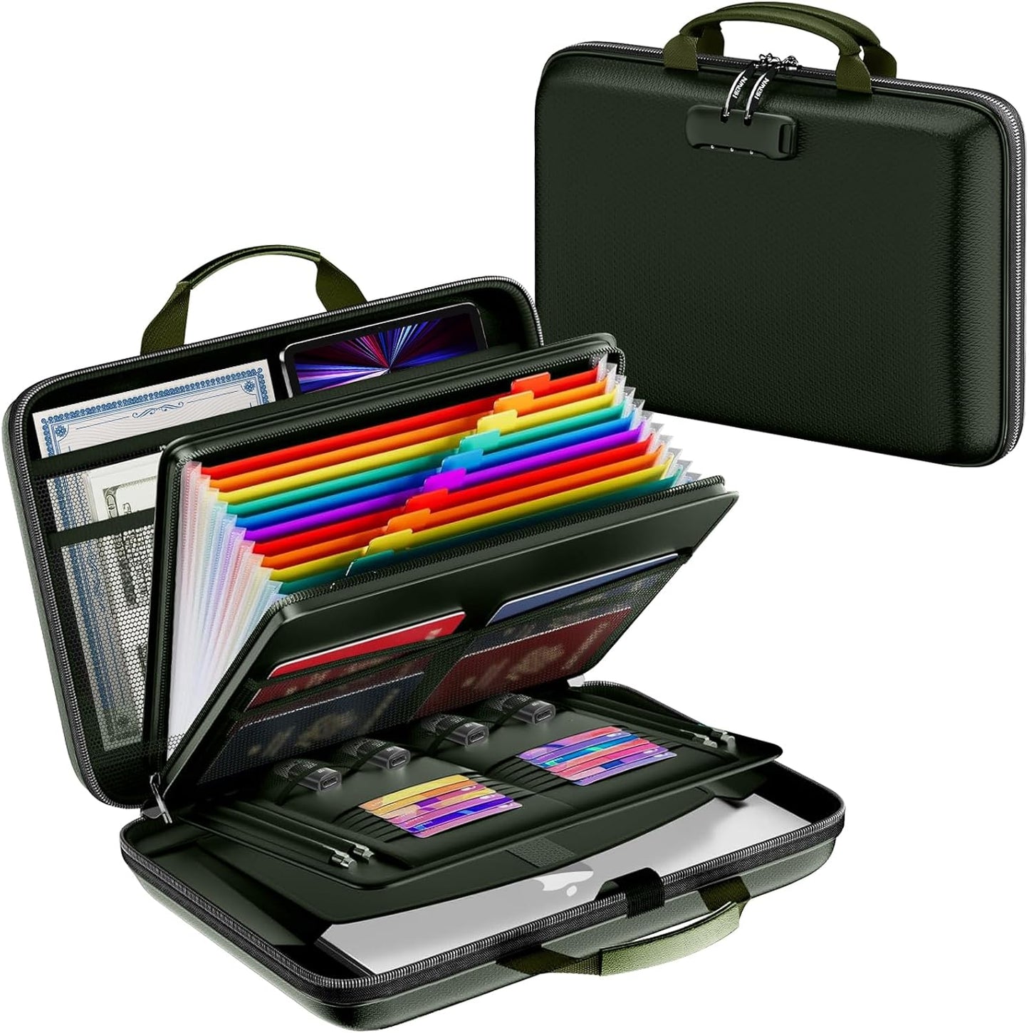 Fireproof Document Box, Hard Case Fireproof File Organizer Box with Lock and 13 Pocket Accordion File Folder, Portable Safe Box for Home Office Travel to Storage Important Documents Laptop Green