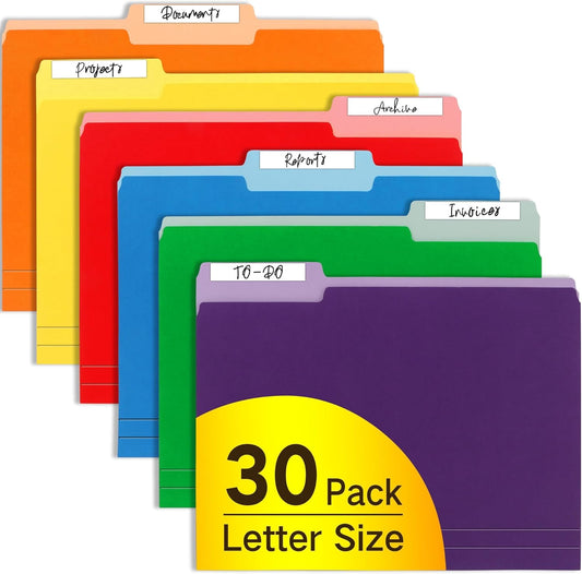 Letter Size File Folders – 1/3-Cut Tab, Durable Colored File Folders for Home, Office, and School Organization, 30-Pack