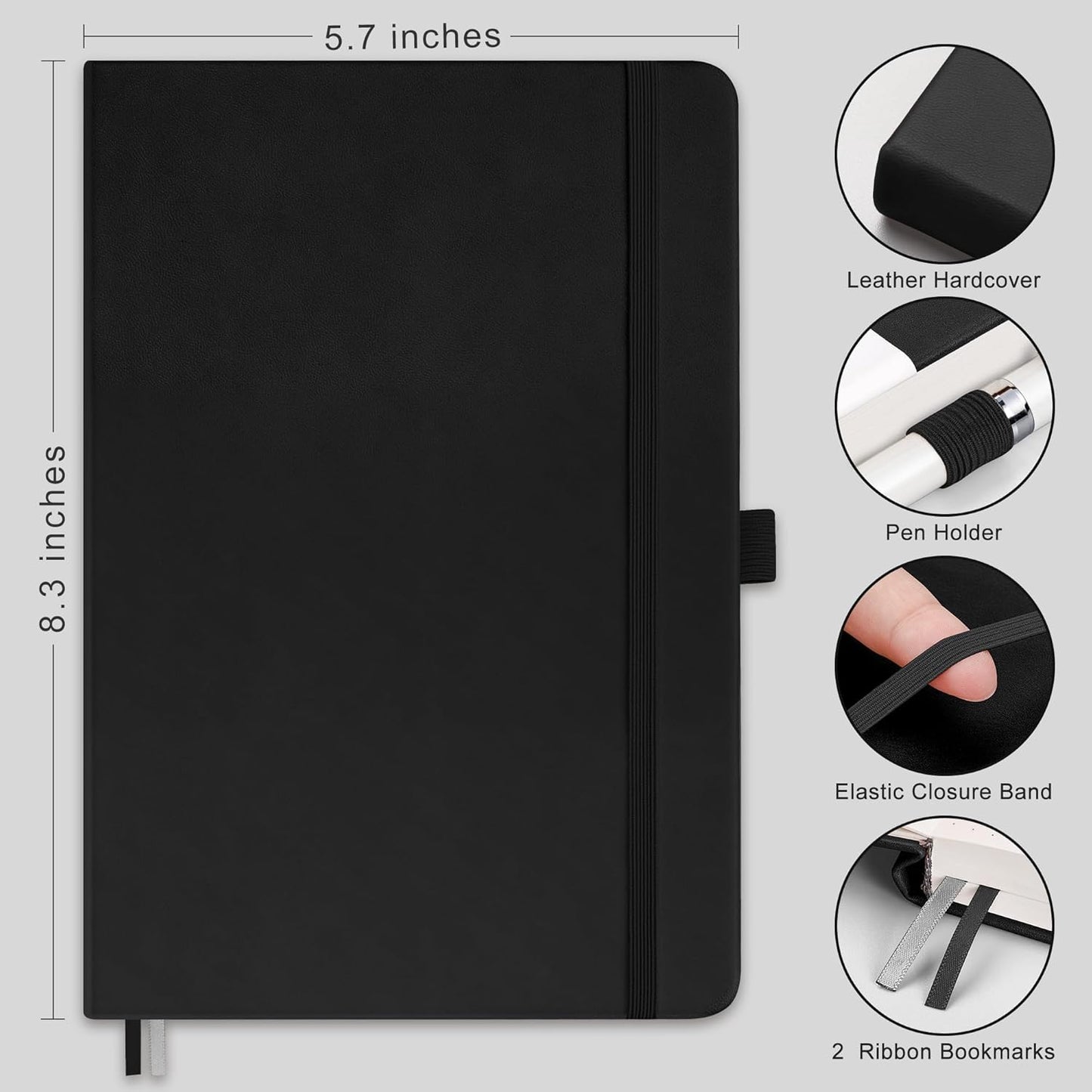 RETTACY Bullet Dotted Journal Notebook, 192 Pages, A5 Medium Size (5.7'' x 8.3''), Leather Hardcover, 100 GSM Thick Paper, for Bullet Journaling, Planning, Tracking (Black)