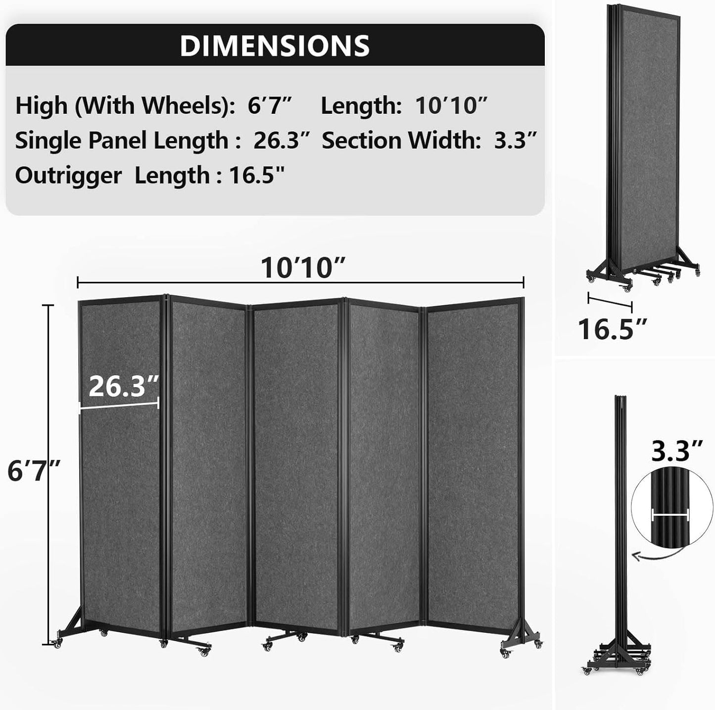 Room Partition,Folding Privacy Divider,Office Partition Dividers,Office Dividers Wall, 10'6"W x 6'7"H,Grey