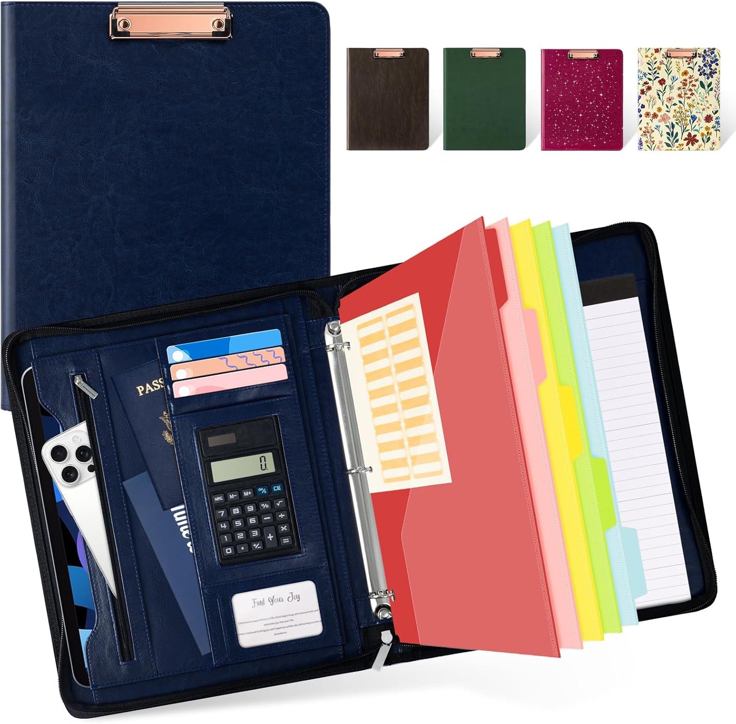Ospelelf 3 Ring Portfolio Binder with Zipper, Leather Clipboard with Storage, Padfolio Folder for Men, 12.1” Tablet Sleeve, 5 Dividers with Pocket, Refillable Notepad, Card Slot (Navy Bule)