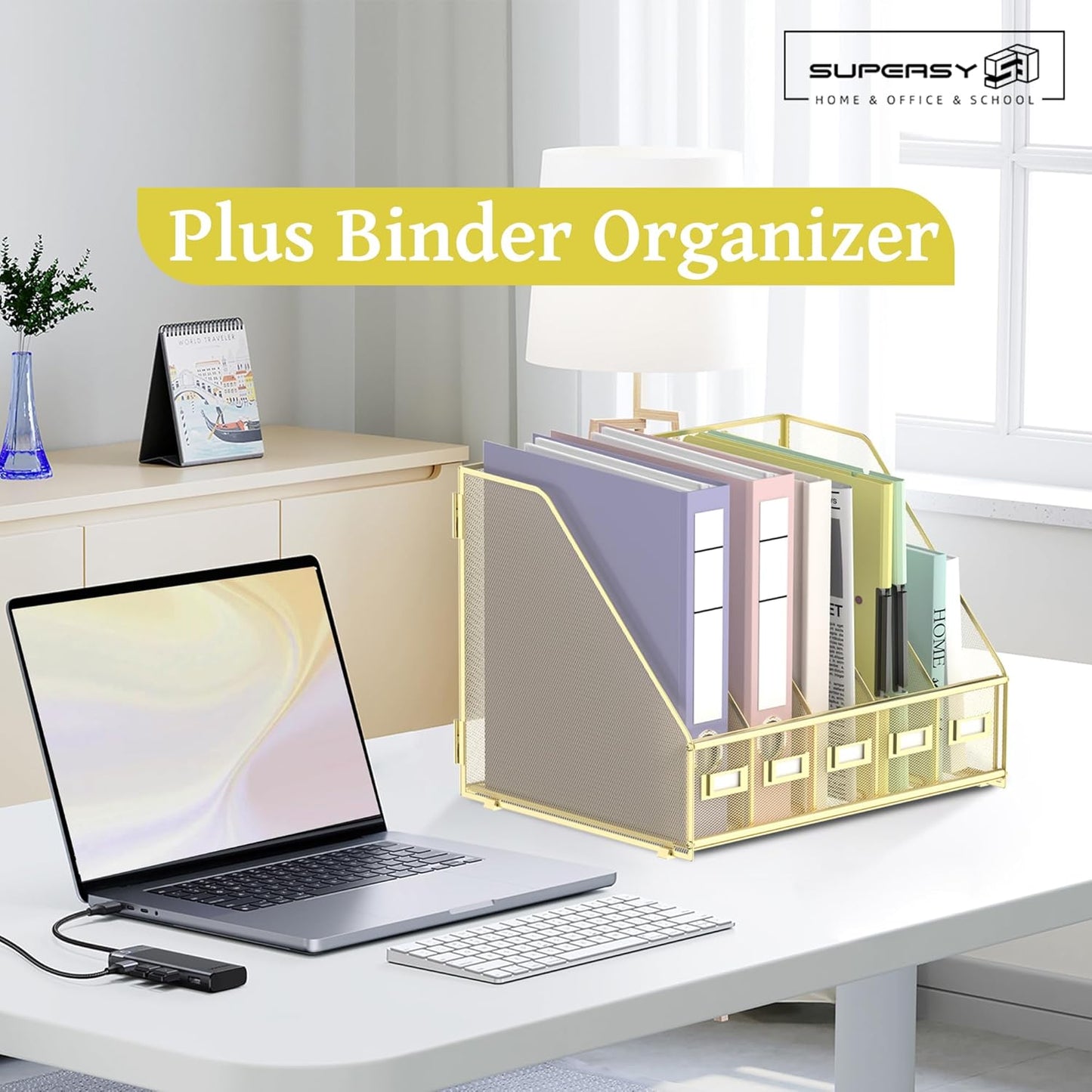 SUPEASY Desk Organizers Metal Desk Magazine File Holder with 5 Vertical Compartments Rack File Organizer for Office Desktop, Home Workspace, Gold Plus