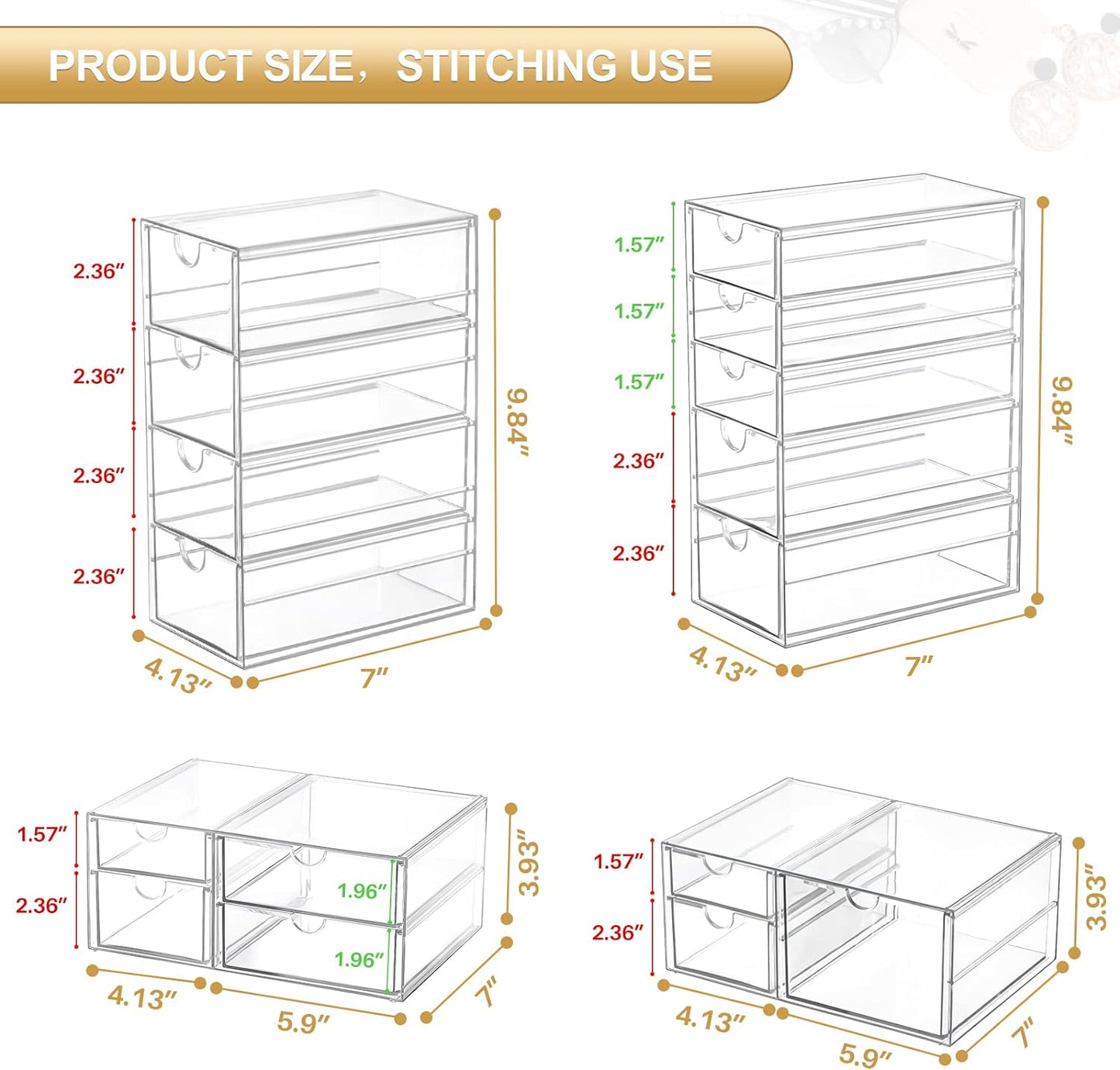 Makeup Organizer Storage With 16 Drawers, 4 Pcs Desktop Office Supplies, Desk Organizers, Clear Accessories, Dustproof Drawer and for Make Up, Jewelry, Pen, Stationary