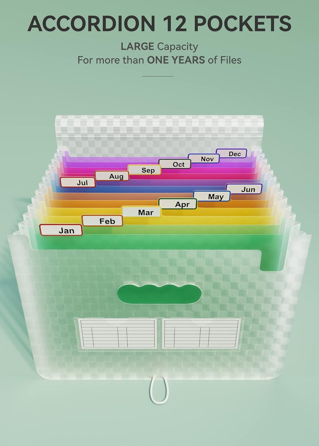 ABC life 12 Pockets Accordion File Organizer Expanding File Folders, Portable Monthly Bill Receipt Document Organizer, Expandable Accordian Filing Folder Letter A4 Size, Colored Tabs (Green)