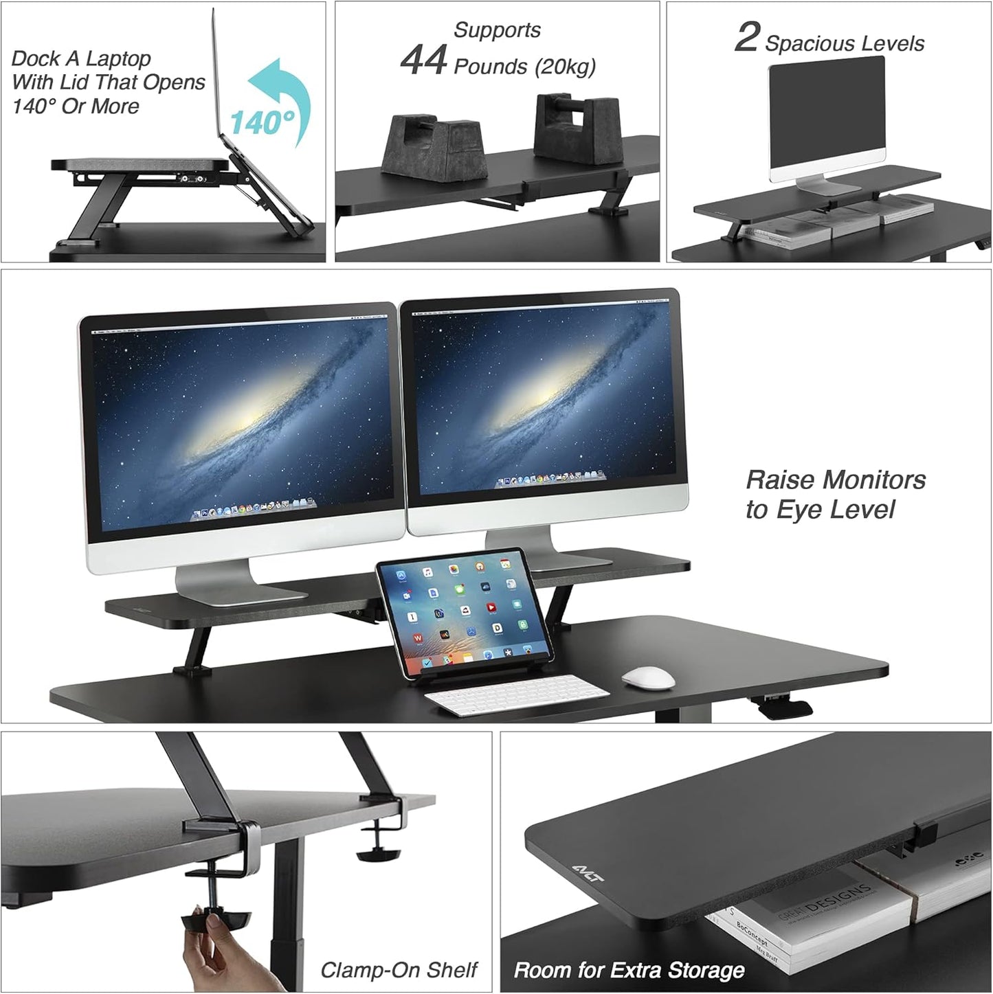 AVLT Clamp Desk Shelf Dual 32" Monitor Riser With Slide-out Holder for Convertible Laptop, Tablet, Smartphone (Black) - Floating Stand (Clamp-On Shelf Only)