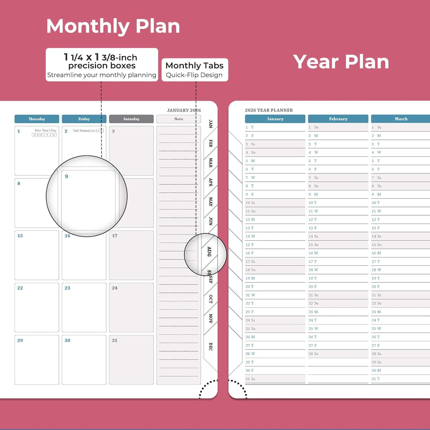 IN-LUXPRO Weekly Monthly 2026 Planner (Jan.26-Dec.26),8.5"x6.5",12 Months Agenda Plan with Month Tabs & Pocket,Expenses/Note Pages, Appointment Book Calendar with Vegan Leather Cover,Rose Red