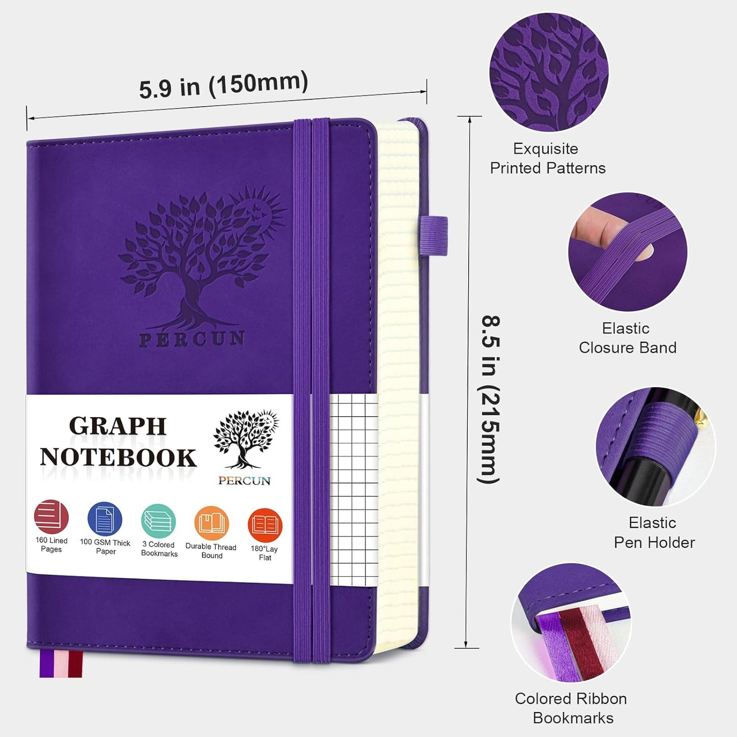 Graph Paper Notebook, 160 Pages Grid Journal for women & men, A5 Hardcover Leather Graphing Notebook for School, Work, Travel, Note Taking 5.9”x8.5” (Purple)