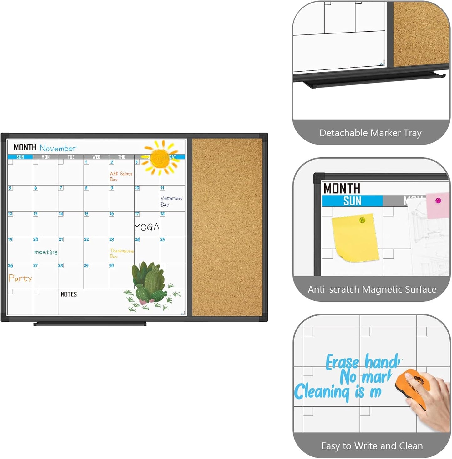 XBoard Dry Erase Calendar Whiteboard 28 X 20 - Combo White Board Calendar Monthly, Magnetic White Board + Corkboard with Black Aluminum Frame