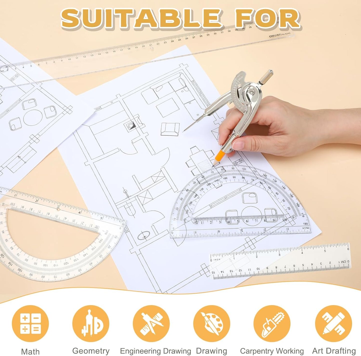 20 Pieces Geometry Math Set Compass for Geometry Math Compass and Protractor Set Include Metal Compass with Pencil Plastic Ruler and Protractor for Student School Office Woodworking Drawing Tools