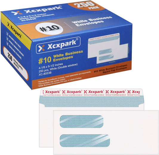 250 PCS #10 Double Window White Security Envelopes for QuickBooks Invoices, Most Statements And Documents Self Seal Kraft 4-1/8 x 9-1/2 inches Invisible Envelopes Super Strong Quick Seal