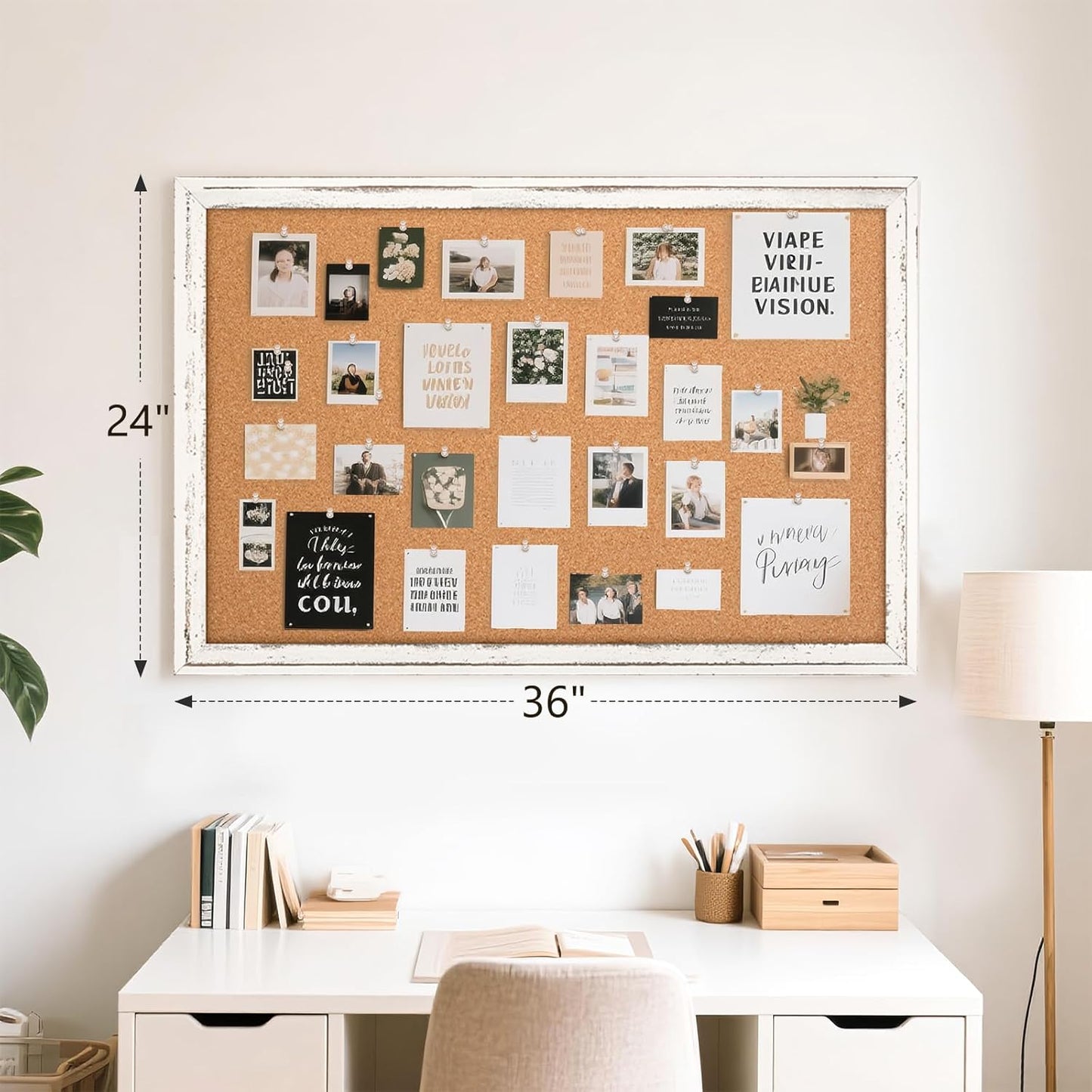 Bulletin Board, 36" x 24", Cork Board for Wall, Rustic White Wooden Frame, Hanging Pin Board for Home & Office Decor, 10 Push Pins