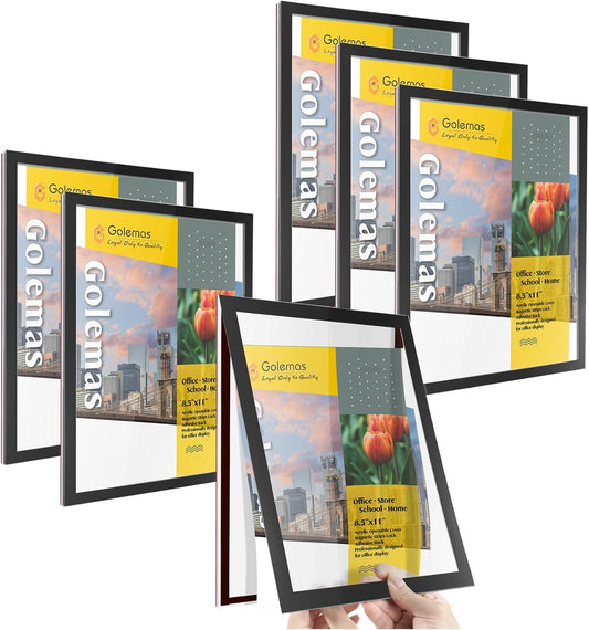 Acrylic Magnetic Sign Holder, Easy-Opening 8.5 x 11 Wall Mount Display Frames, Self Adhesive Back Plastic Clear Document Frame, Horizontal & Vertical Display (Black, 6Pack)