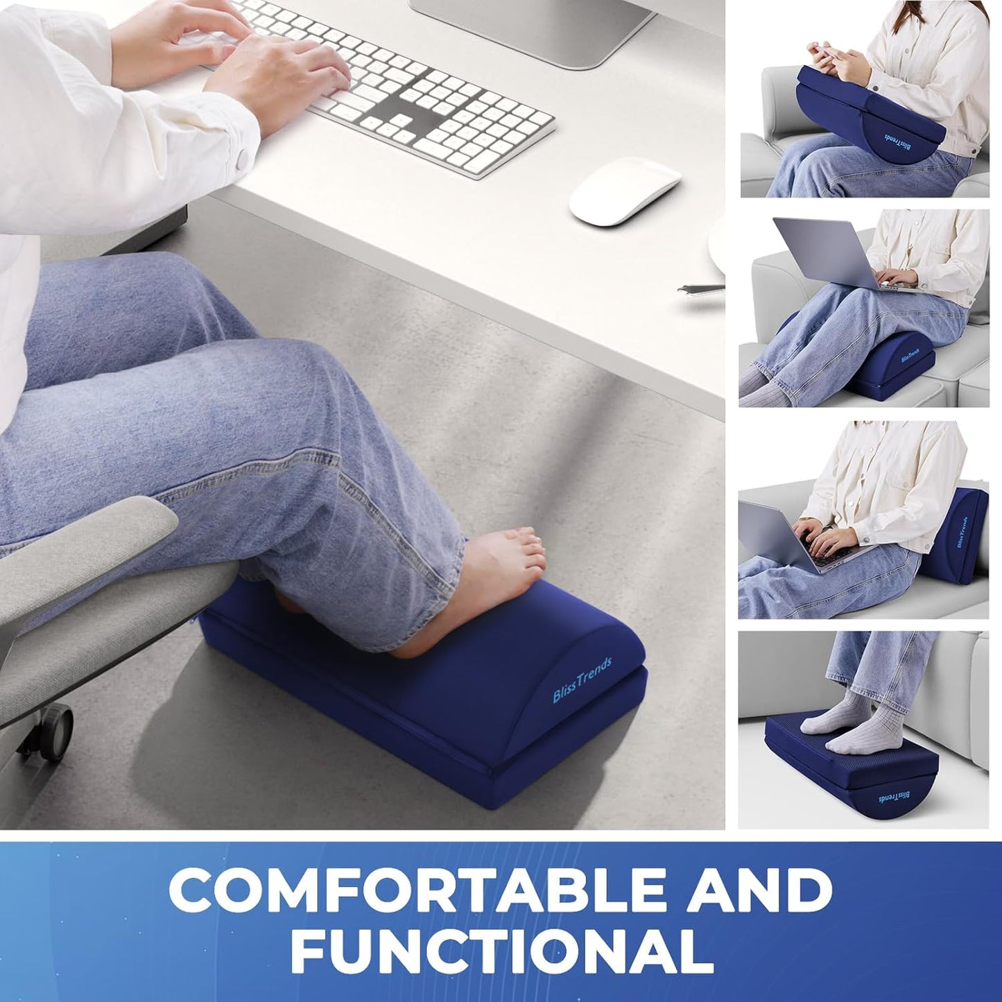 BlissTrends Foot Rest for Under Desk at Work-Versatile Foot Stool with Washable Cover-Comfortable Footrest with 2 Adjustable Heights for Car,Home and Office to Relieve Back,Lumbar,Knee Pain-Blue