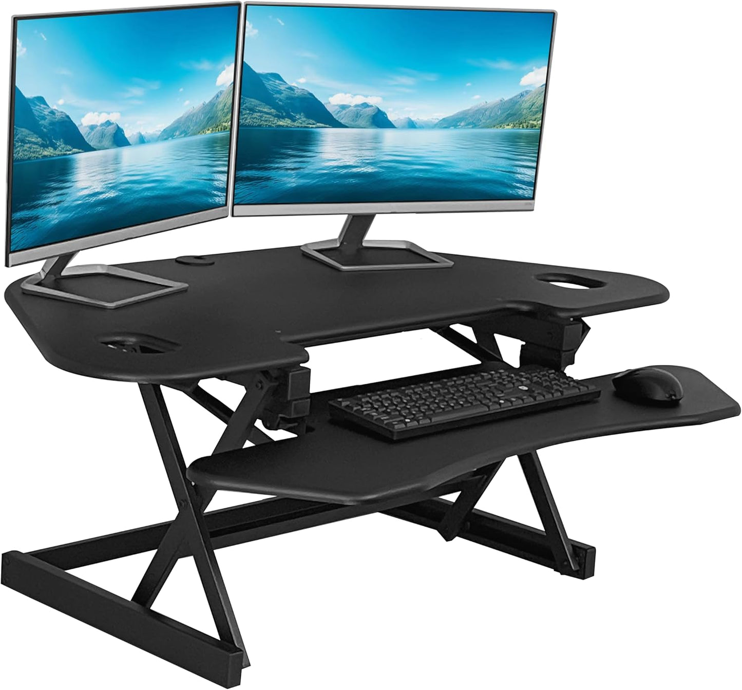 Rocelco 46" Height Adjustable Corner Standing Desk Converter with AC Outlet and USB Charger - Sit Stand Up Dual Monitor Tabletop Riser Workstation - Large Keyboard Tray - Black (R CADRB-46-ACUSB)