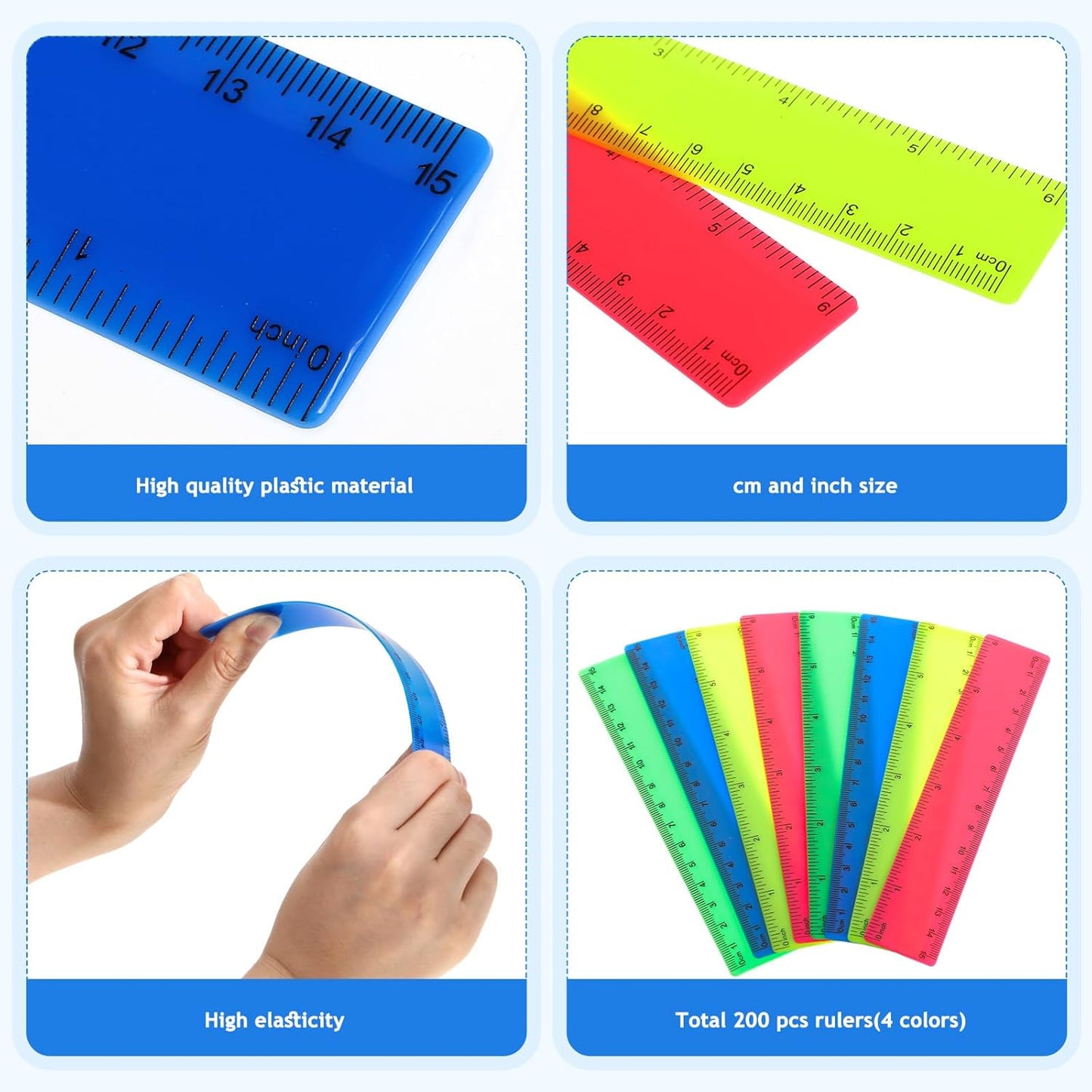 Zonon 200 Pcs Rulers Bulk Plastic Flexible Straight Rulers with Inches and Centimeters for First Day of School Gift for Students Back to School Office Supplies(Opaque Bright Color,6 Inch)