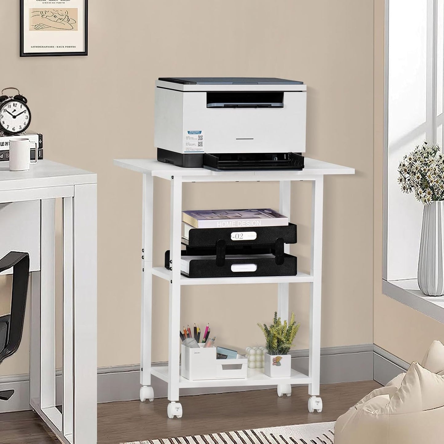 Lerliuo 3-Tier Printer Stand, Industrial Mobile Printer Table with Storage Shelf and Steel Frame, Rolling Printer Cart Holder with Lockable Wheels for Home, Office (White)