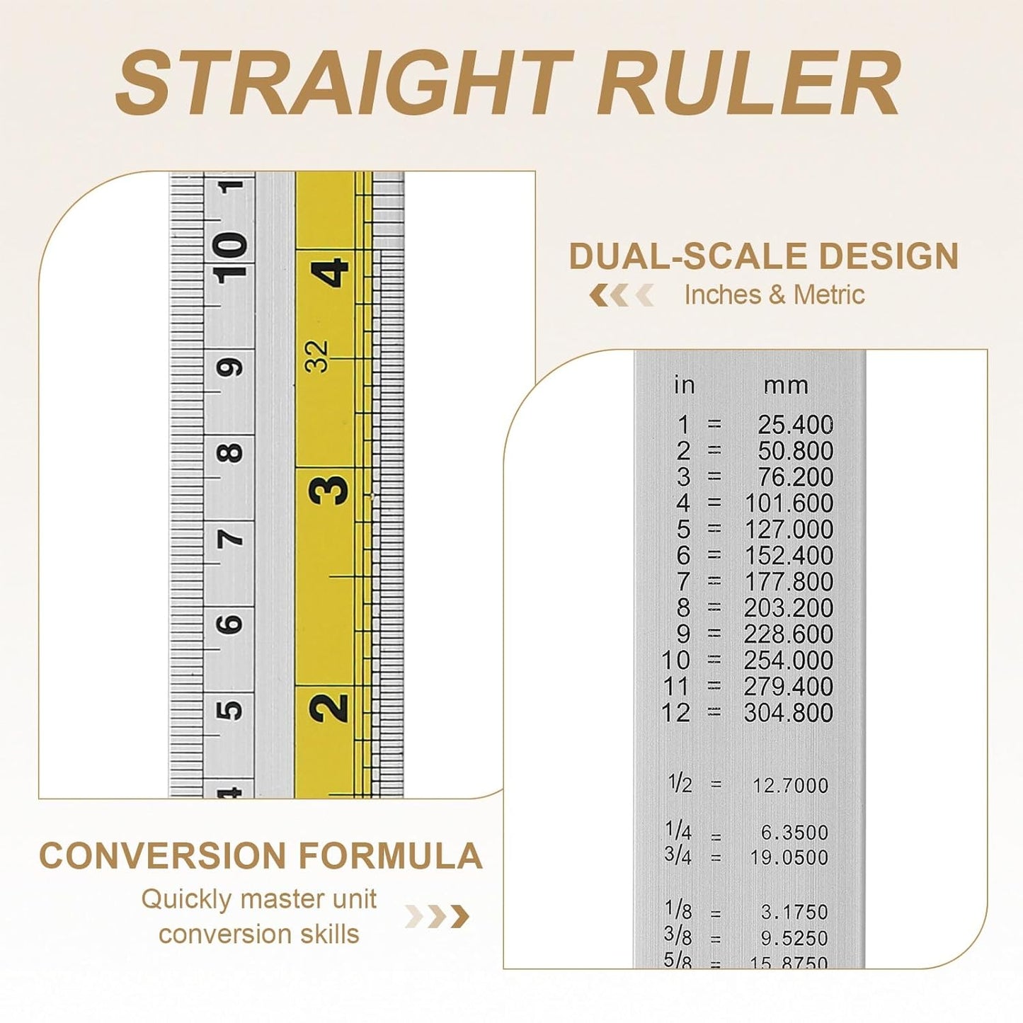 HARFINGTON 4pcs Metal Straight Ruler 30cm Metric SAE Aluminum Alloy Measuring Rulers Scale Tool with Hole for Measure Study Reading Classroom Office, Yellow