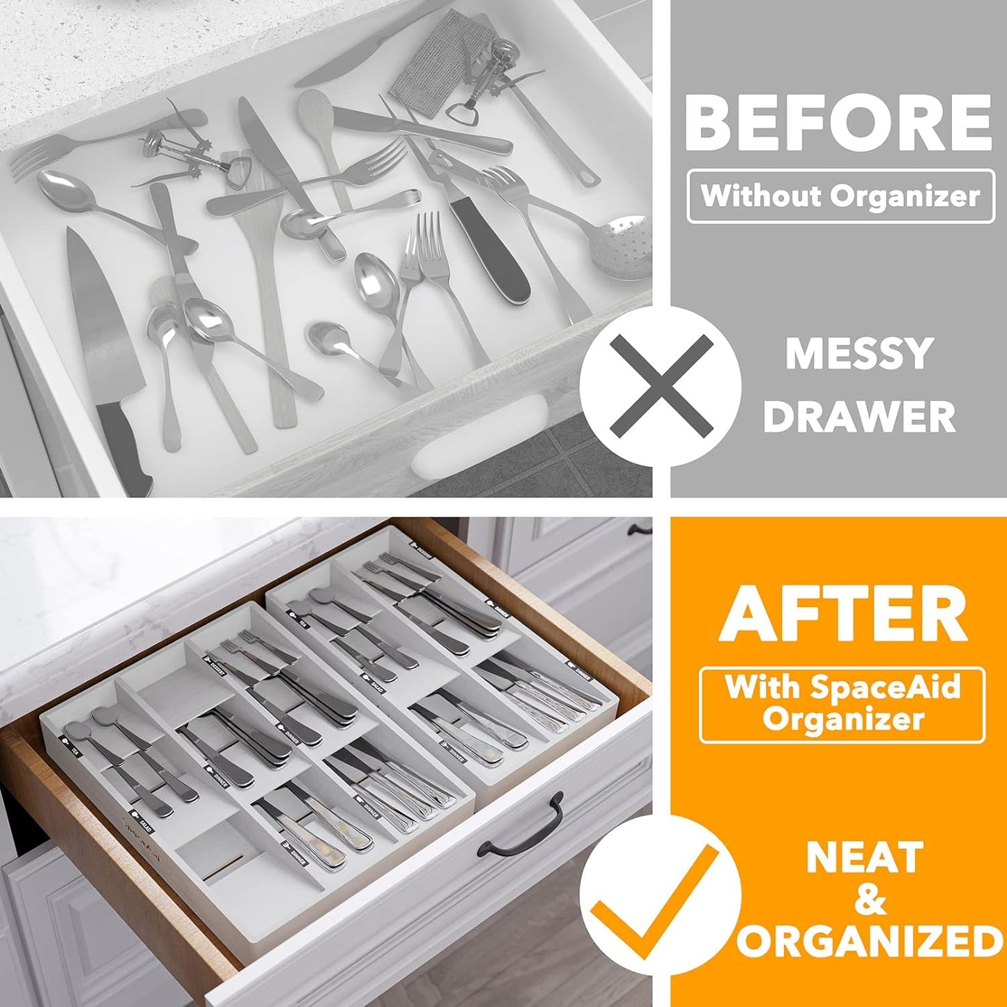 SpaceAid Bamboo Silverware Drawer Organizer with Labels, Kitchen Utensil Tray Holder Organizer for Flatware, Cutlery, Spoon and Knives Drawer Storage Organization (White, 6 Slots)