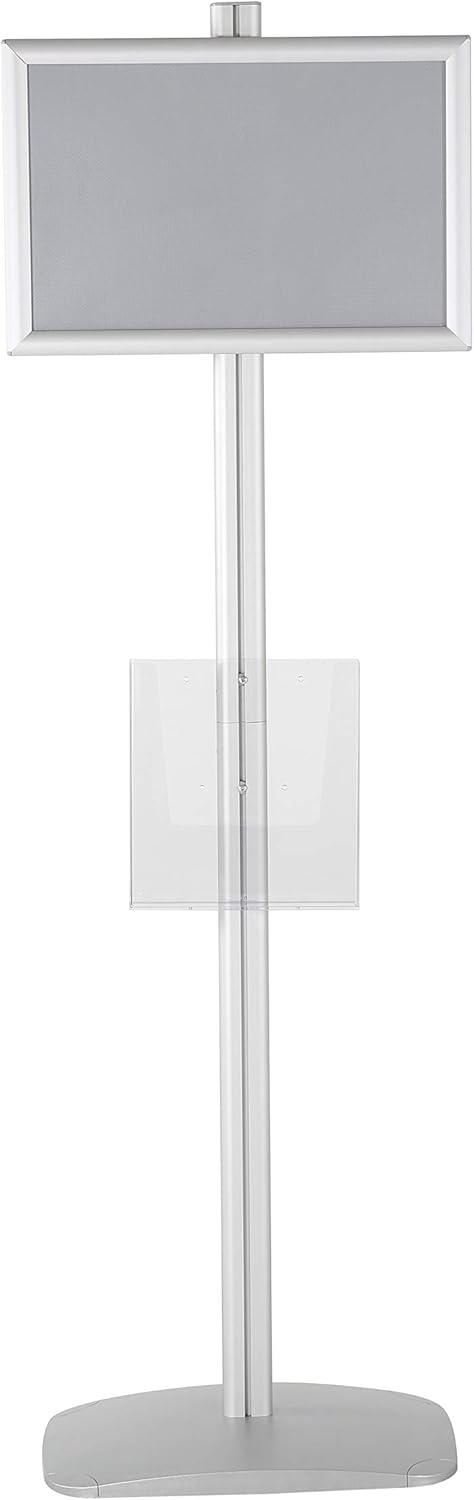 M&T Displays Free Standing Aluminum Display Stand Single Sided Document Brochure Sign Holder Front Loading Portrait Landscape Silver Snap Frame 1x(11x17) and Clear Acrylic Pocket 1x(8.5x11) Inch