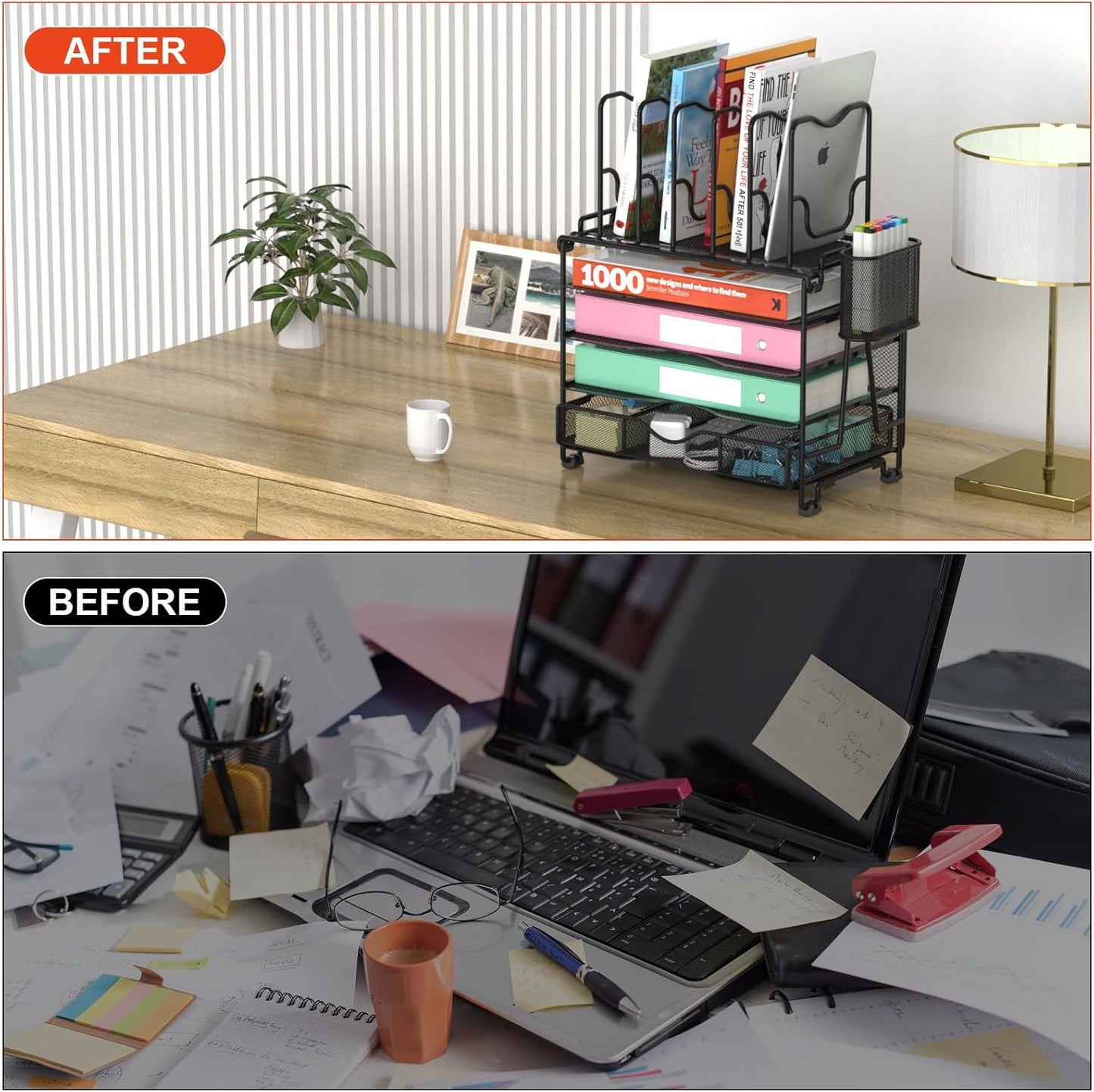 Mesh Desk Organizer, 3-IN-1 Desktop Organizer with 4 Tier Tray and 5 Upright Sections, File Organizer for Desk with Sliding Drawer, Black