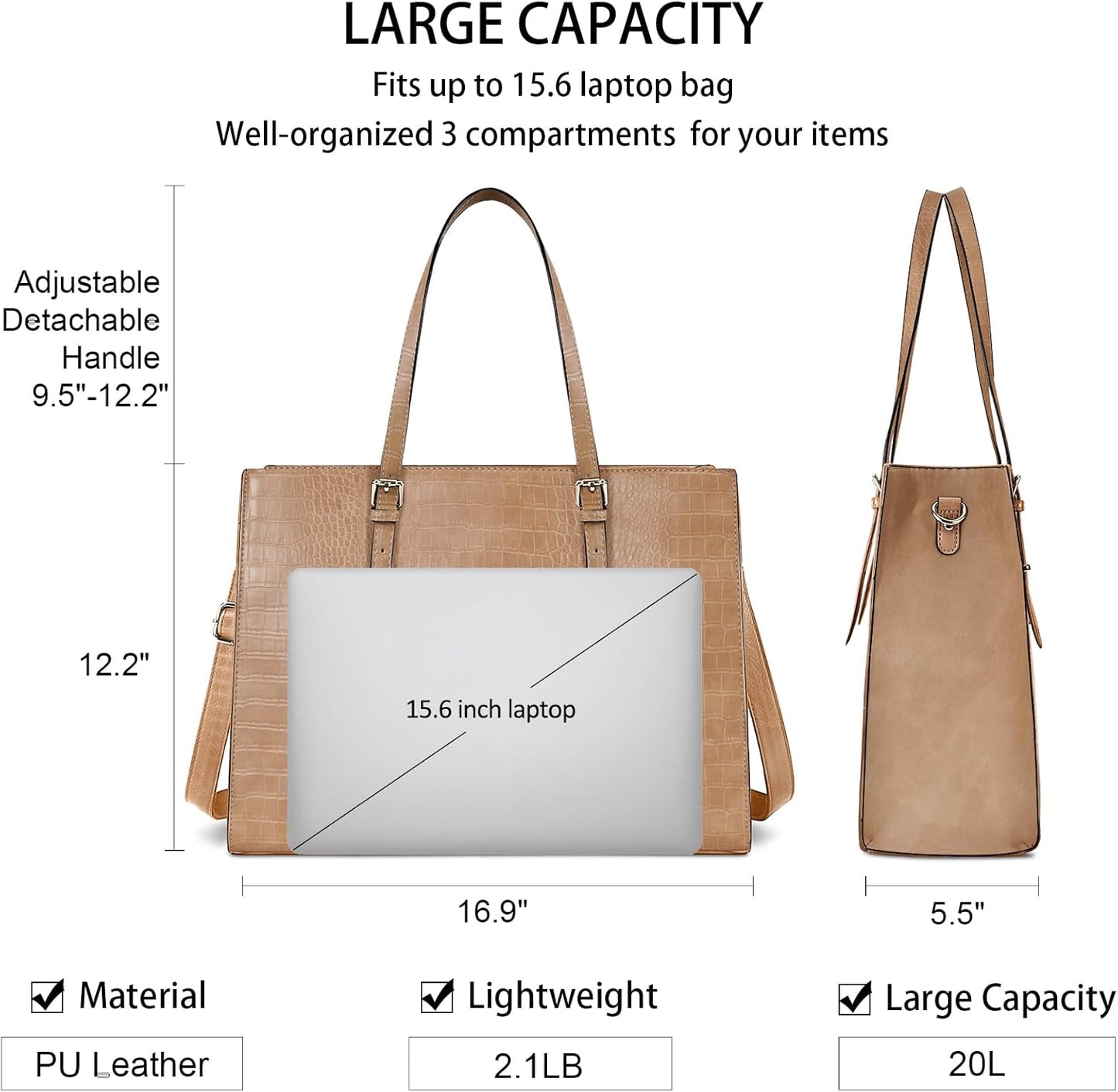 Laptop Bag for Women 15.6 Inch Laptop Tote Bag Leather Classy Computer Briefcase for Work Waterproof Handbag Professional Shoulder Bag Women Business Office Bag Large Capacity Grey