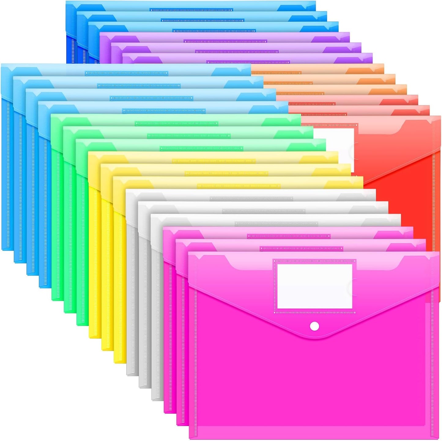 Sooez 28 Pack Folders Plastic Envelopes, Clear Plastic File Folder for Document, Letter A4 Size Poly File Envelopes with Label Pocket, Snap Button for Home Work Office Organizer, 9 Assorted Colors