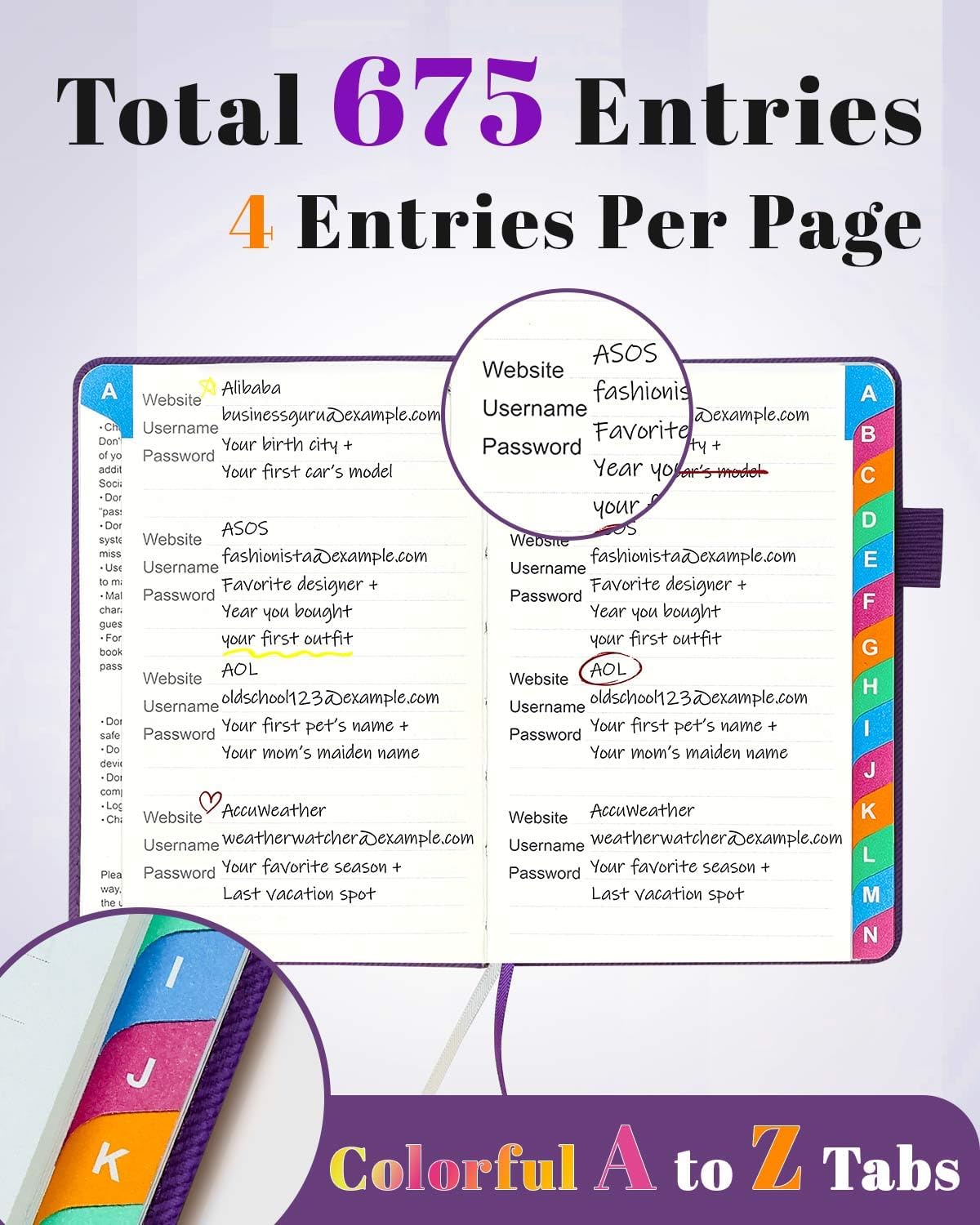 Password Keeper Book with Colorful Alphabetical Tabs, Hardcover Password Log-book for Internet Password and Website Address, 4.1'' x 6.2'' Password Notebook for Home Office (Royal Purple, Small (4.1 x 6.2 Inch))