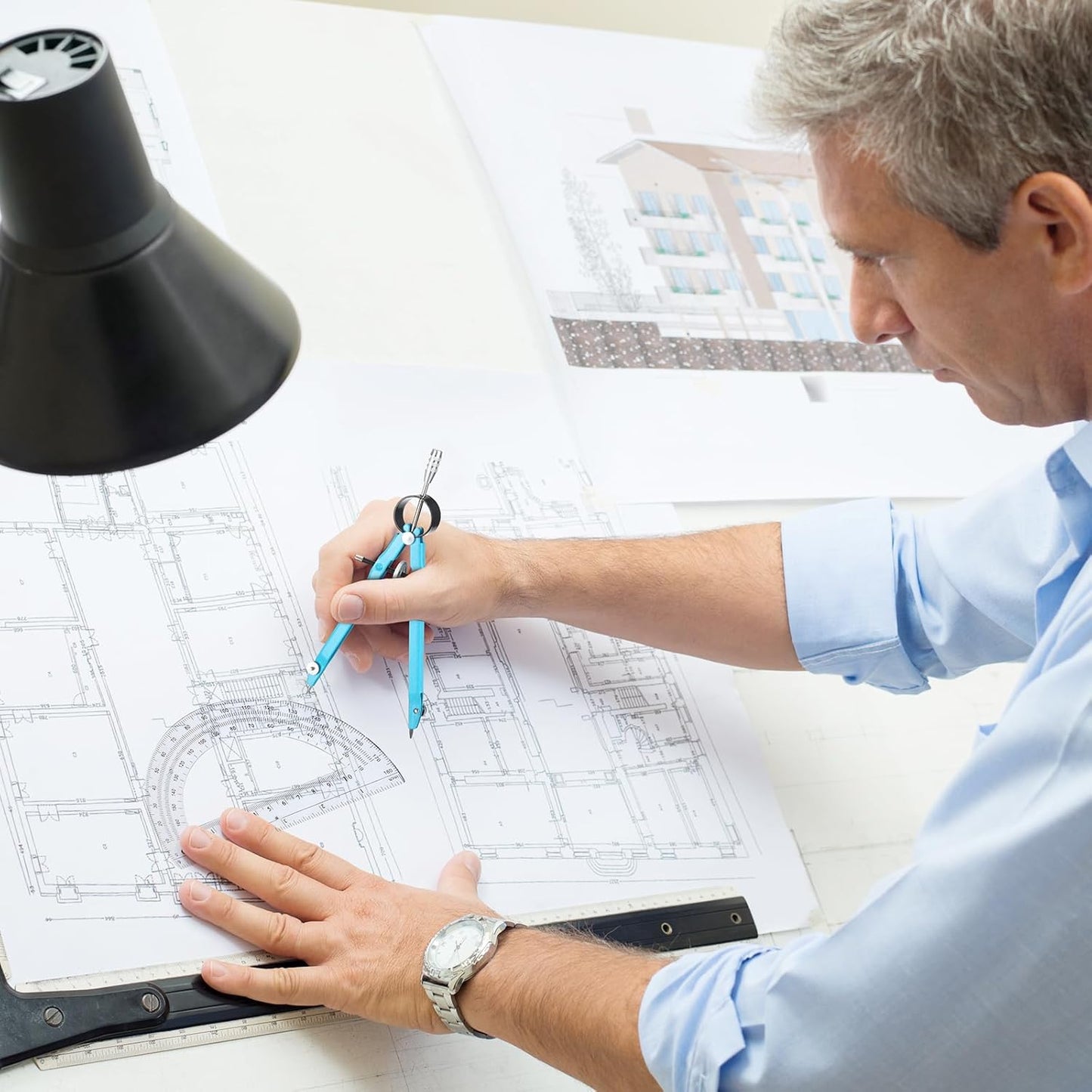 EBOOT Student Geometry Math Set, Drawing Compass and 6 Inch Clear Swing Arm Protractors 180 Degree Math Protractor (Sky Blue)