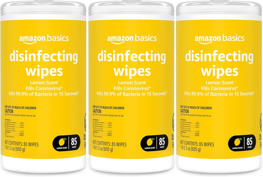 Amazon Basics Wipes, Lemon Scent, for Sanitizing, Cleaning & Deodorizing, 255 Count (3 Packs of 85)