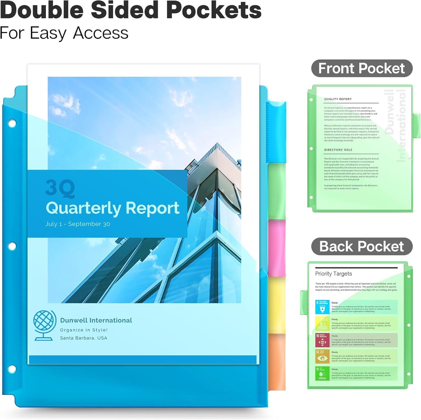 Dunwell 5-Tab Binder Pocket Dividers, Plastic Dividers with Two Pockets for 3-Ring Binder, Multicolor, Fits 8.5x11 Letter Size Documents, Insertable Tabs, 5 Subject Notebook Divider 3 Hole Punched