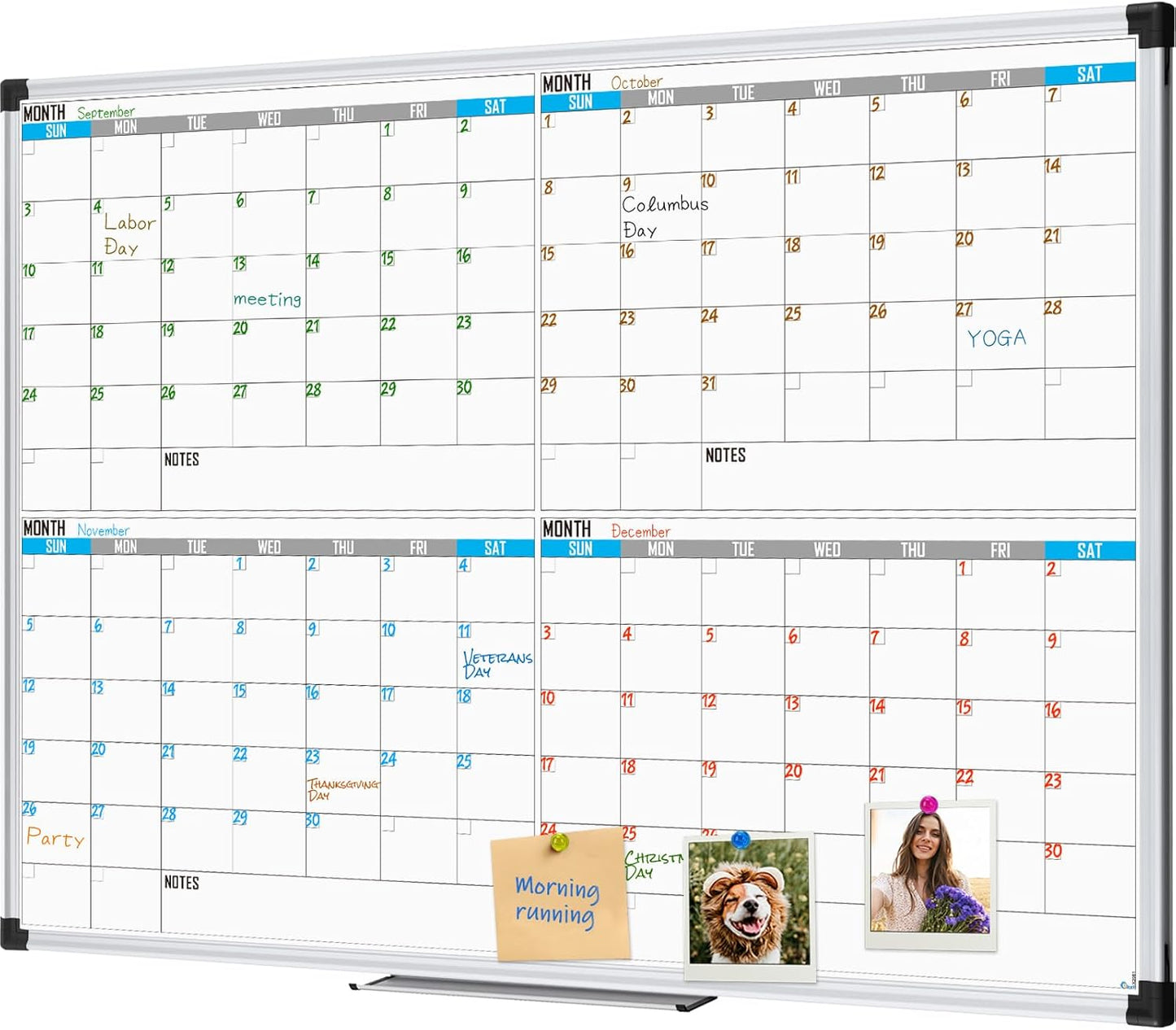 XBoard Magnetic Calendar Whiteboard 48" x 36" - 4 Month Colorful Calendar Dry Erase Board for Monthly Planning, Silver Aluminium Framed