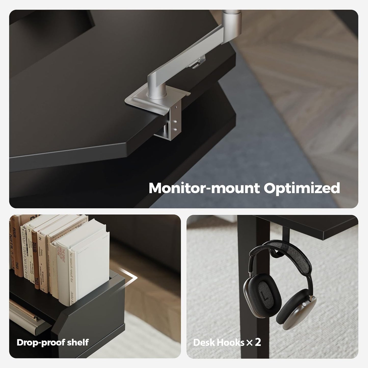 Agilestic L Shaped Standing Desk, Adjustable Height Corner Gaming Desk with Shelf, Sit Stand Up Desk, 63 x 55 Inch Home Office Computer Table, Black