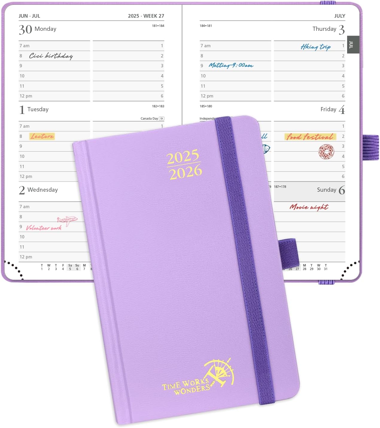 POPRUN Pocket Planner 2025-2026, (Purse Size 4''x 6.25'' Hard Cover) Academic Year Calendar Daily Weekly and Monthly (July 25-June 26) with Hourly Time Slots, 100 GSM Paper - Violet
