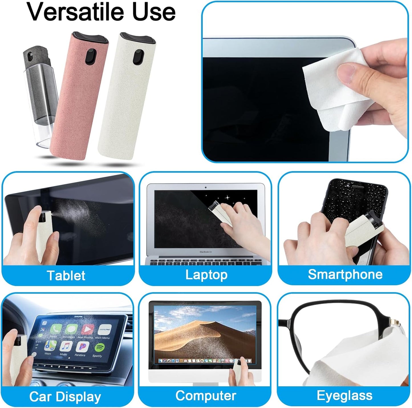 walrfid 3Pcs Car Screen Cleaner, Computer Screen Cleaner Spray and Wipe, Laptop Cleaner Kit for Cleaning iPad, iPhone, Cellphone, MacBook, Car Display, Electronic Device Screen, Grey Pink Cream