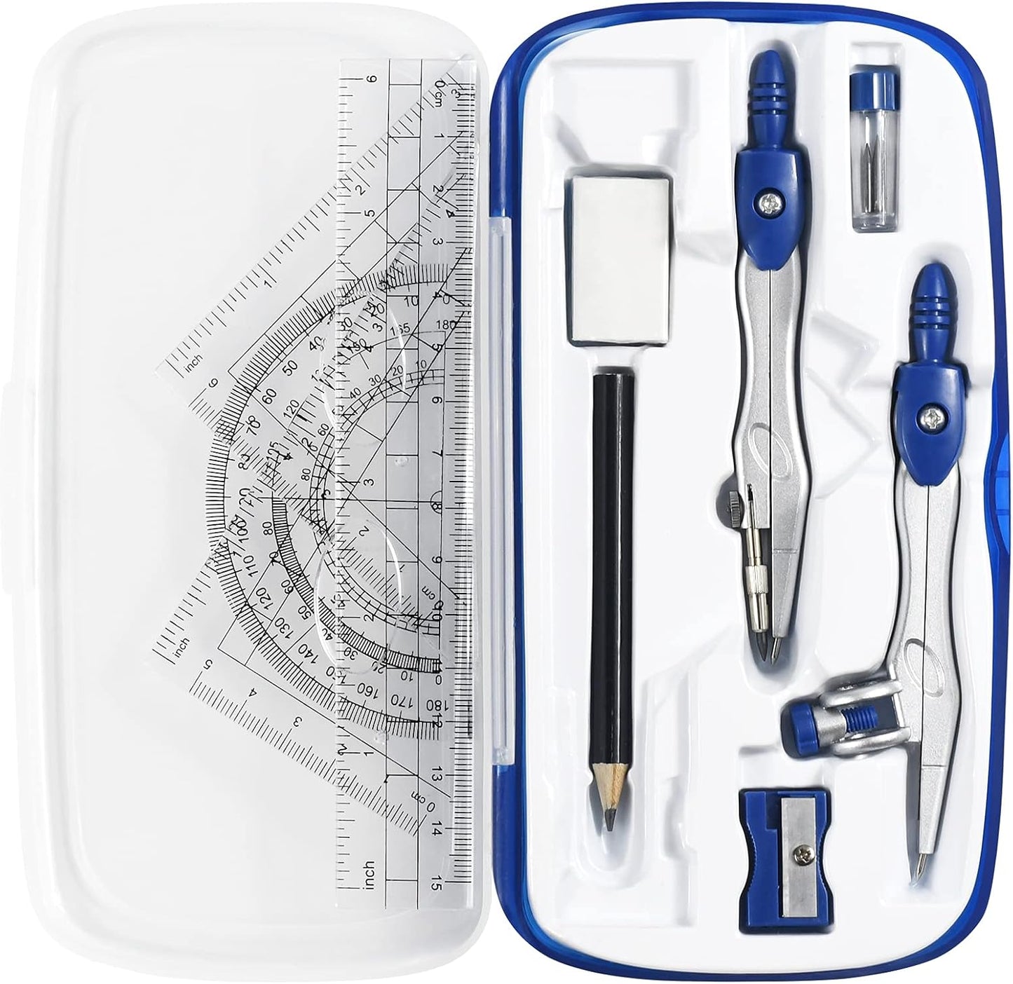 Math Geometry Kit Sets 10 Piece Student Supplies with Shatterproof Storage Box,Includes Rulers,Protractor,Compass,Eraser,Pencil Sharpener,Lead Refills,Pencil,for Drafting（Navy Blue）