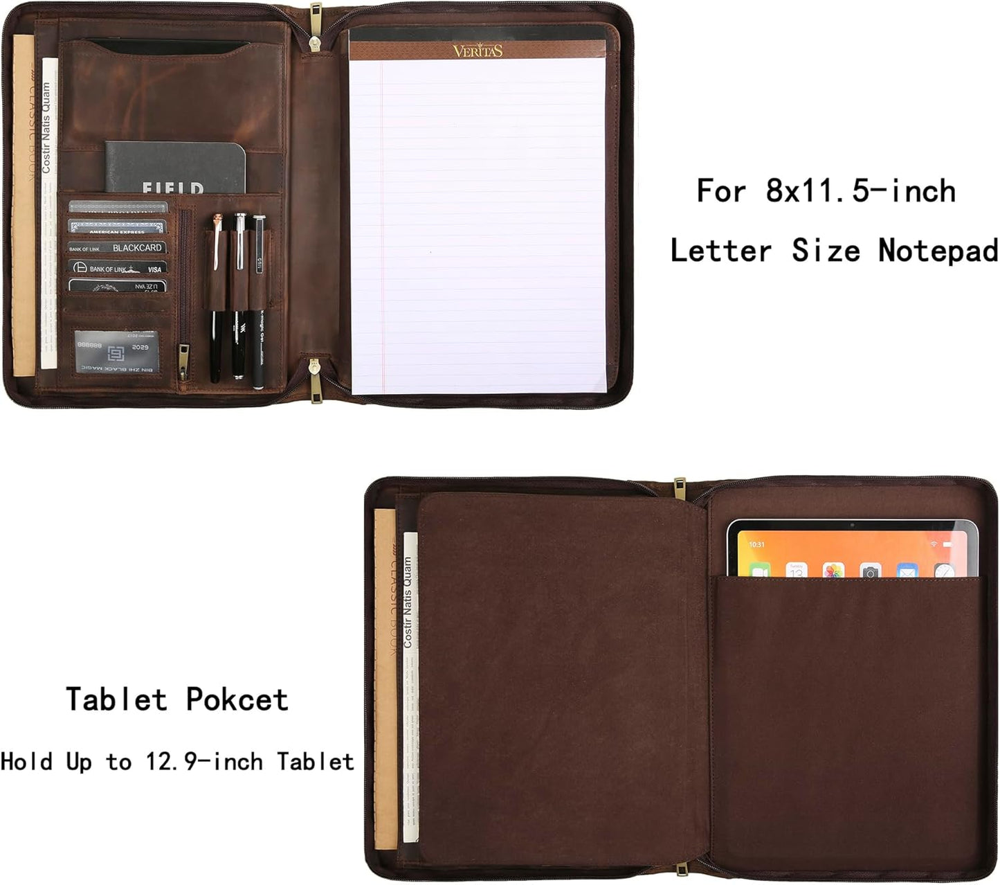 Handmade Genuine Leather Portfolio Organizer for IPad/Document, Business Padfolio with A4 Leather Notepad Holder, Leather Compact Folder Conference Portfolio for Men and Women, Dark Khaki