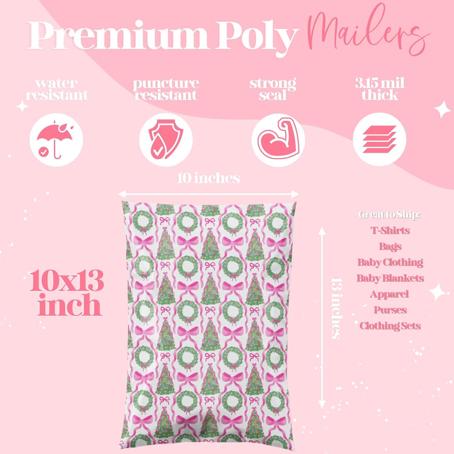 10x13 Designer Poly Mailer 100 Pack Heavy Duty Waterproof Self Seal Shipping Bags for Small Business Large Mailing Envelopes Bulk Tear Resistant Packaging Coquette Christmas Holiday Bows
