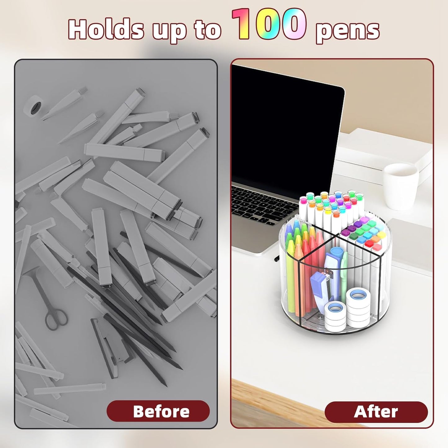 Absonic Pencil Holder for Kids, 360 Rotating Pen Holder for Desk Organizer and Storage, 4 Compartments Art Supply Marker Organizer, Pen Organizer Pencil Holder