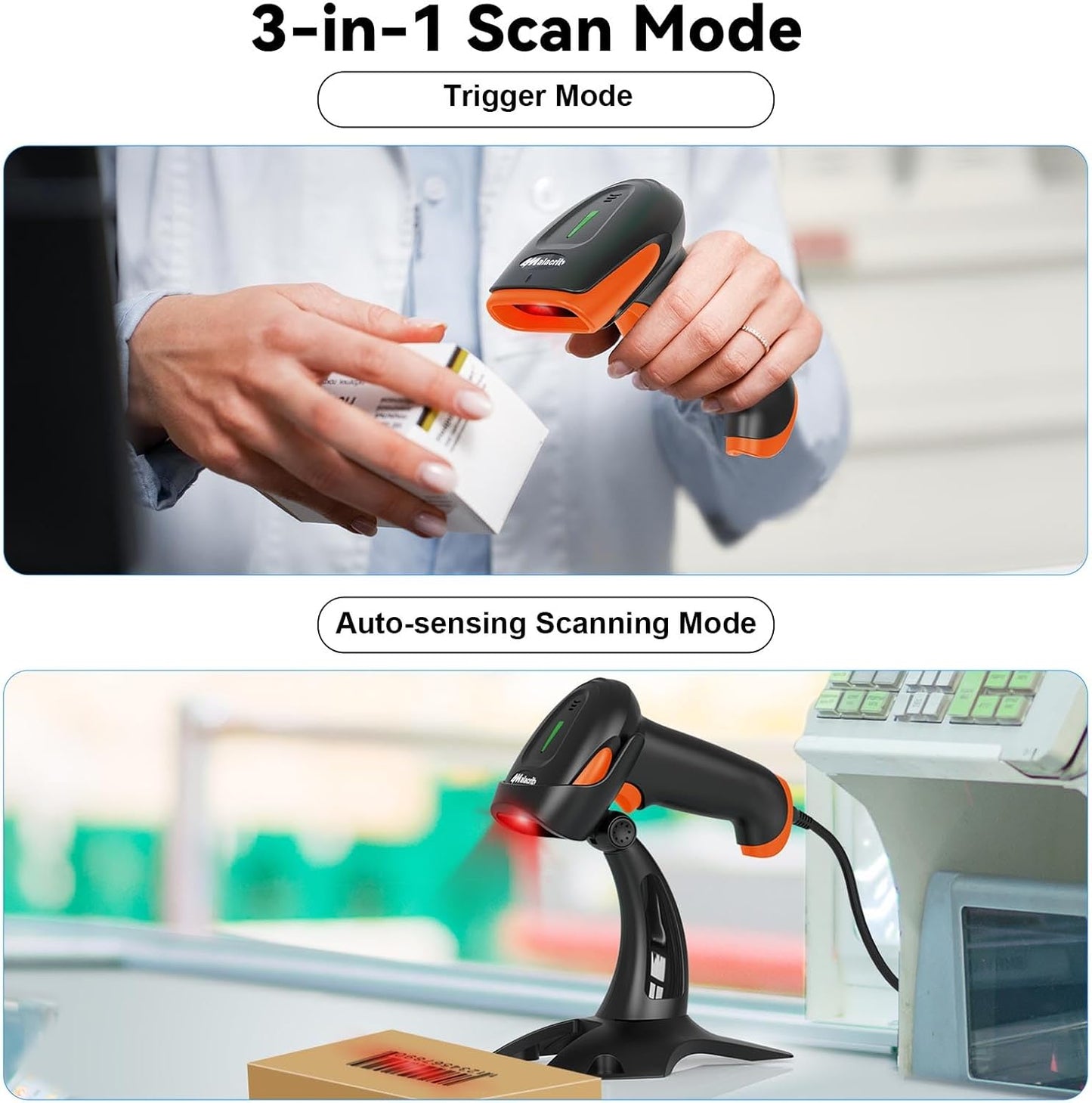 Alacrity 2D 1D Wireless Barcode Scanner with Stand, 3-in-1 Connectivity Bluetooth 2.4G Wireless USB Wired, Barcode Reader with Hands-Free Mode and Vibration Alert, Black