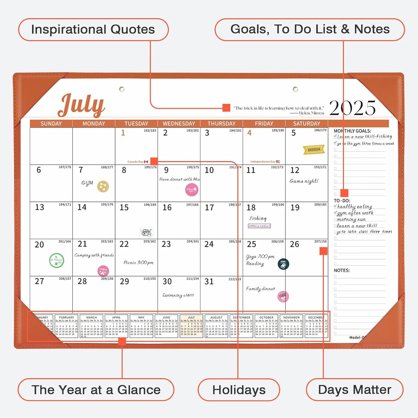 Ospelelf Desk Calendar 2025-2026 Wall Monthly Planner 12"x17" Leather Pad with Protective Cover 18 Months July 2025 to December 2026 Orange