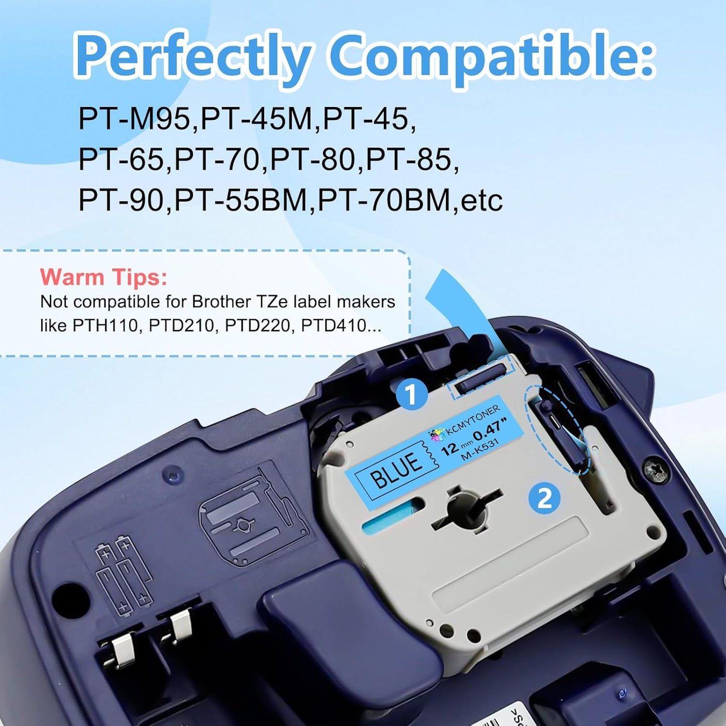 Compatible for Brother P-Touch M Tape M-K531 MK531 M531 MK-531 Black on Blue Label Tape 0.47" (12mm) x 26.2ft for PT-90 PT-M95 PT-70 PT-70BM PT-85 PT-80 PT-45 PT-65 Label Makers, 1 Pack
