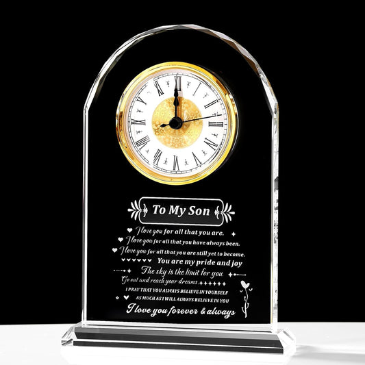 to My Son Gift from Mom or Dad, Birthday Graduation Christmas Father’s Day Present for Son Adult, Laser Engraving Glass Clock Gift, Birthday Gifts (Battery not Included) (Son Gifts)