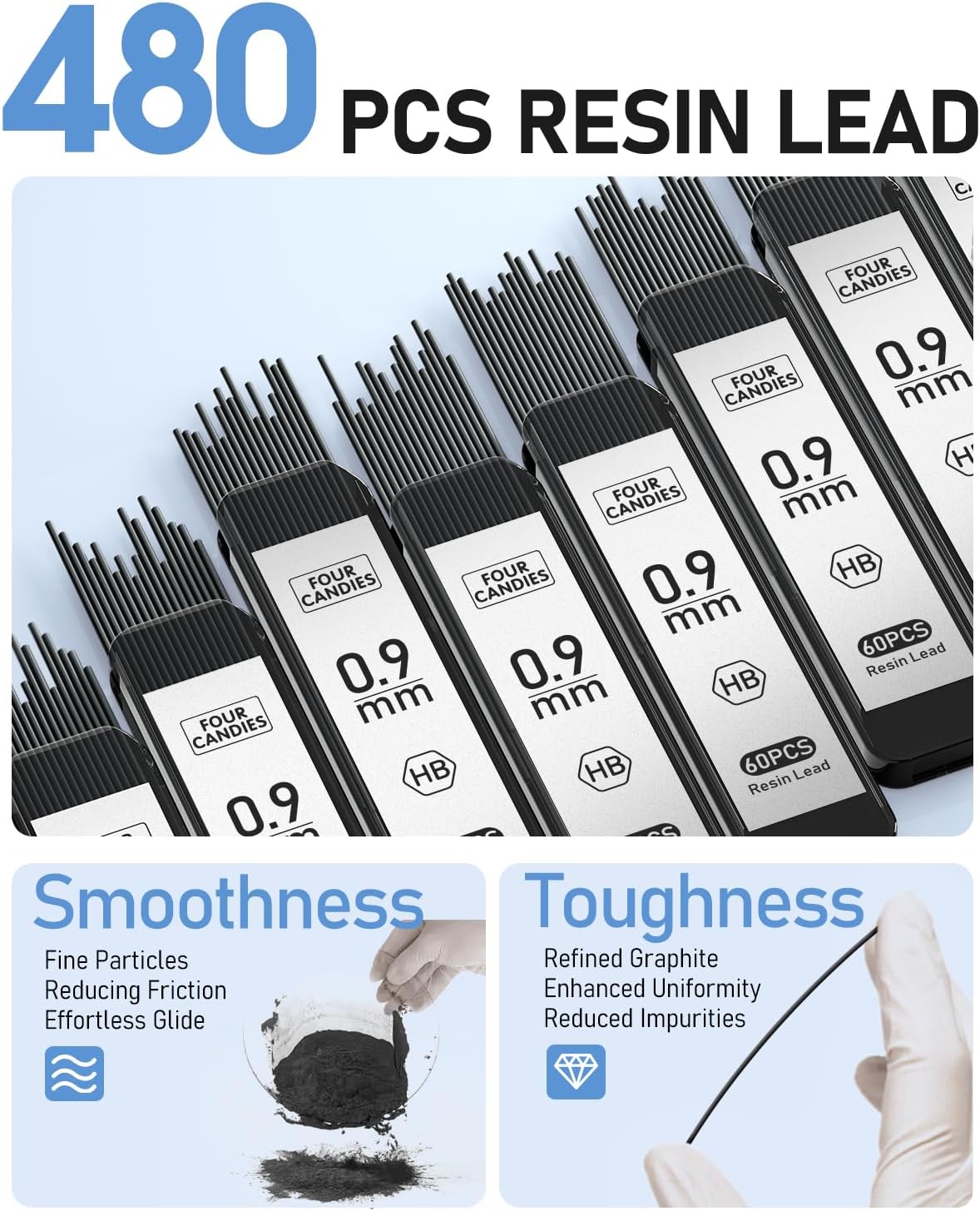 Four Candies 0.9mm Mechanical Pencil Set with Case, 3PCS Metal Artist Lead Pencil with 8 Tubes (480PCS) HB Lead Refills, 3 Erasers, 9 Eraser Refills For Engineer Art Writing Drafting, Silver