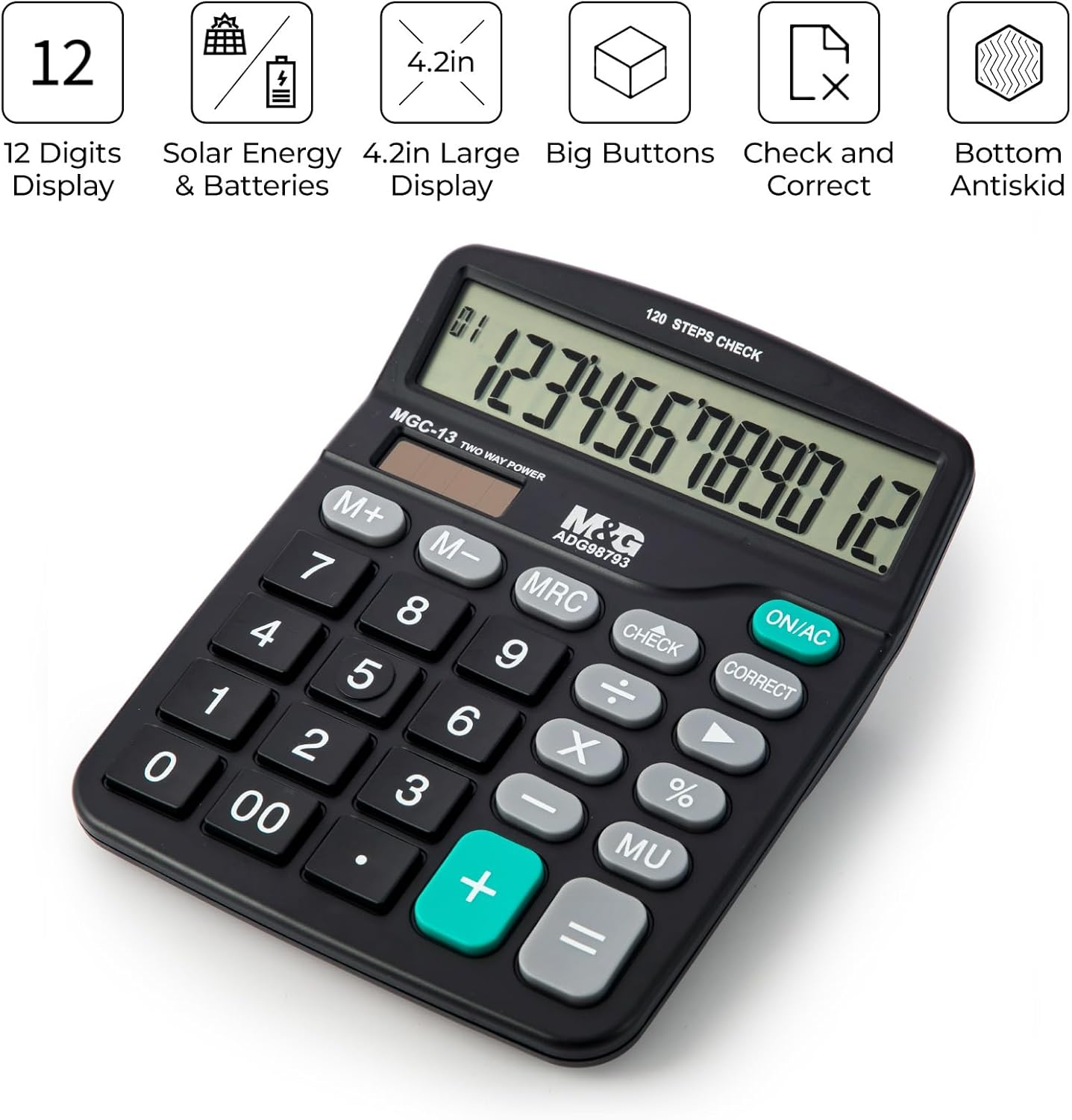 M&G Desk Calculator 12 Digit Office Calculators with Check & Correct, Dual Solar Power and Battery, Large LCD Display Business Calculator with Big Buttons Black