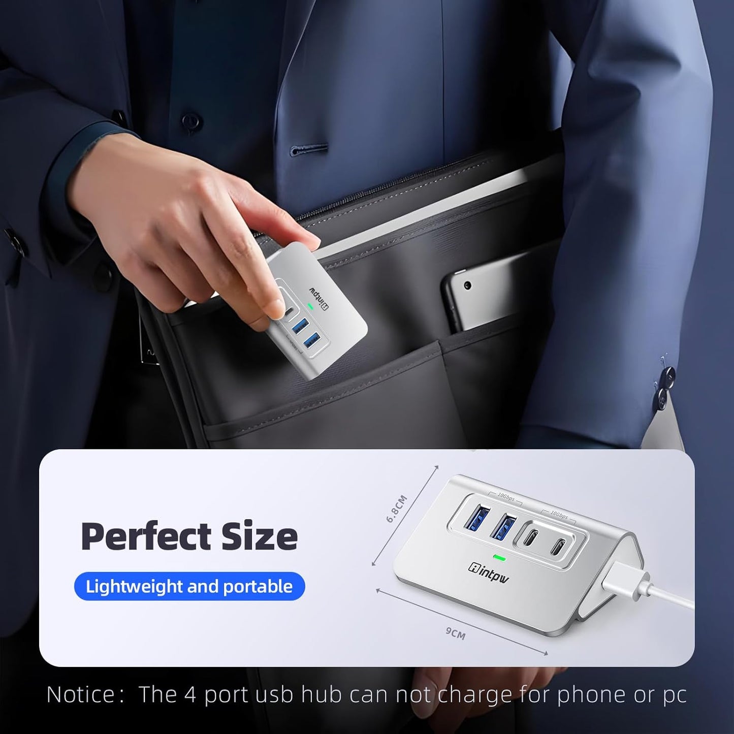 USB C Hub 10Gbps, 4 Port USB Splitter with 2 USB C/USB A 3.2 Data Ports, [Not Support Video and Chrging], Aluminum USB 3.2 Hub with 3.3Ft Cable for Laptop, PC, Mac, Flash Drive, Camera