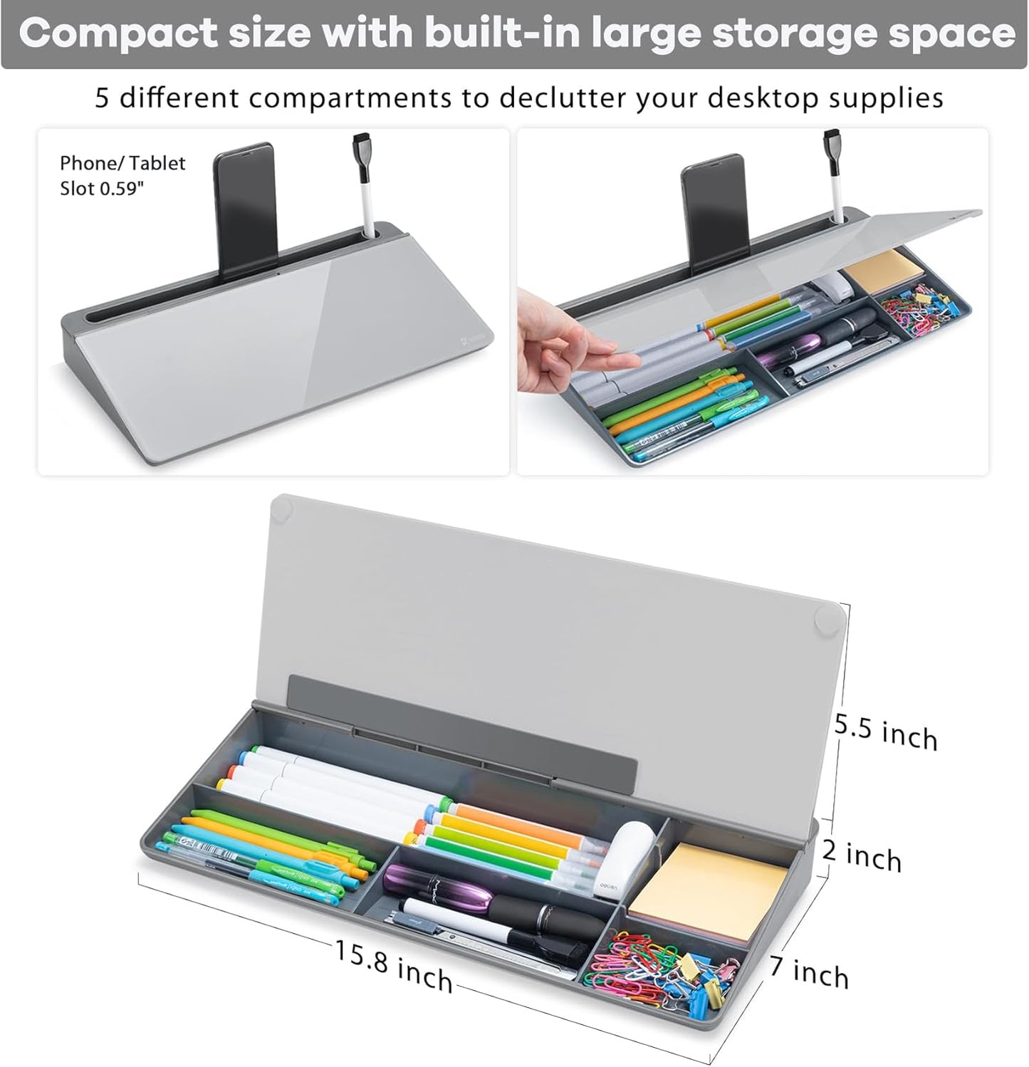 Varhomax Glass Desk Whiteboard with Storage, Desktop Organizer to-do List Memo Notepad Dry Erase White Board for Home Office and School Supplies (GrayBoard)
