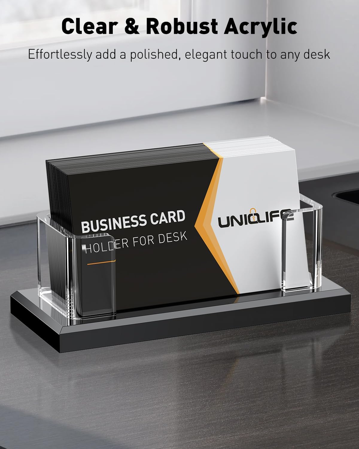 Uniclife 2 Pack Acrylic Business Card Holder for Desk 1 Slot Clear Horizontal Business Card Stand for Men & Women Desktop Name Card Display Stand Card Organizer for Office Exhibition, 60 Card Capacity