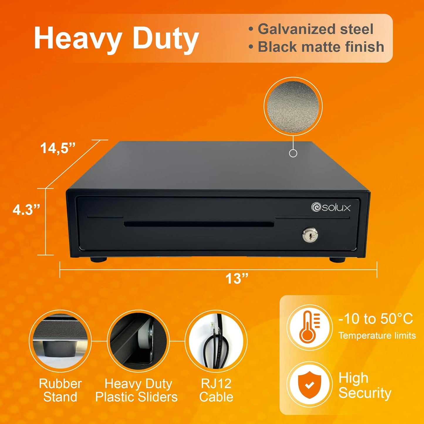 SOLUX 13" Cash Drawer - Cash Registers - Cash Register Drawer for POS - Square Cash Drawer for Small Businesses - Removable Coin Tray - 24V, RJ11/RJ12-Key Lock 4 Bill - 5 Coin, Black