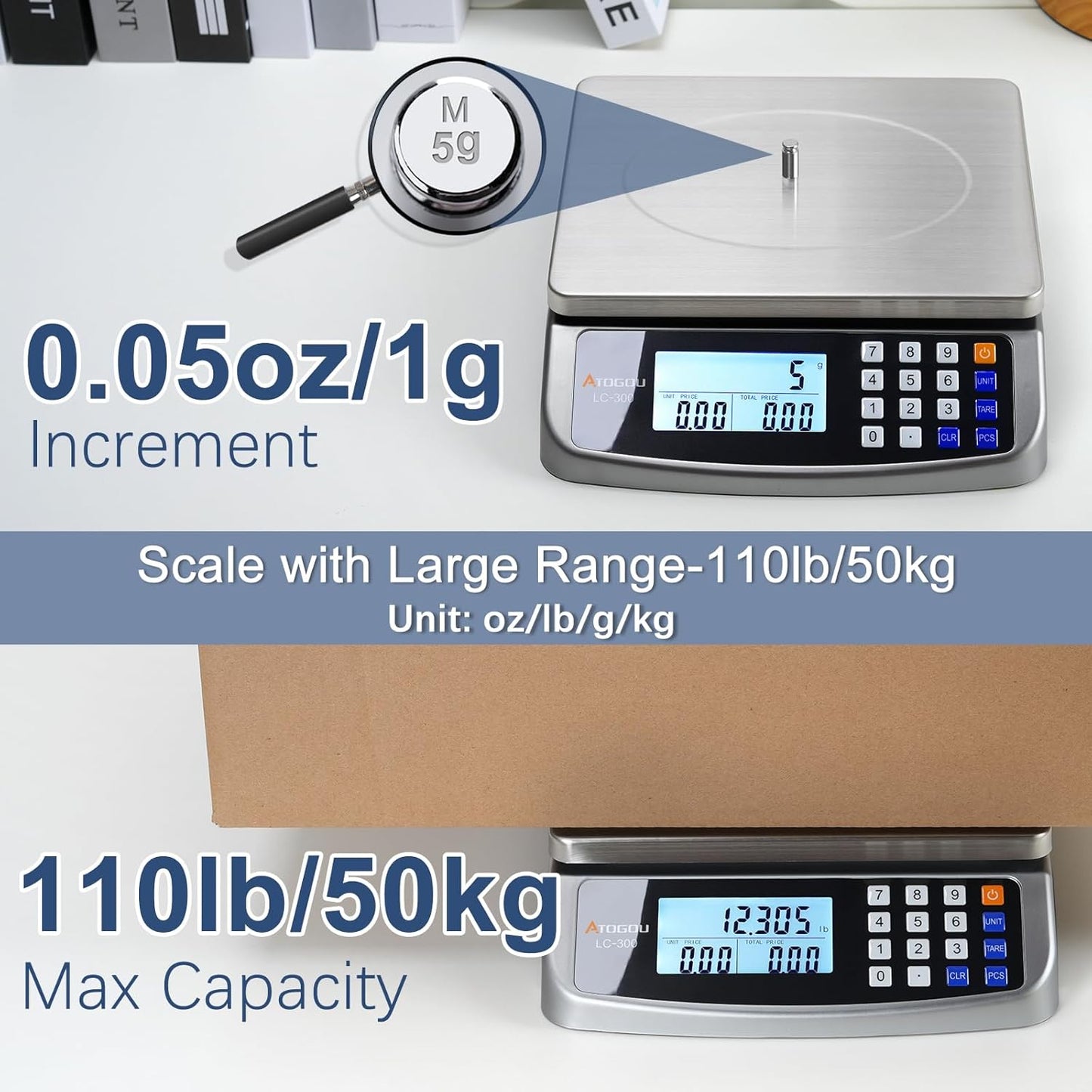 110lb Food Scale, Commercial Kitchen Scale with Price Computing, Plug-in Usable, 0.05oz/1g, 304 Stainless Steel, for Cooking, Vegetables, Farm, Industry, Counting. LC300 Grey