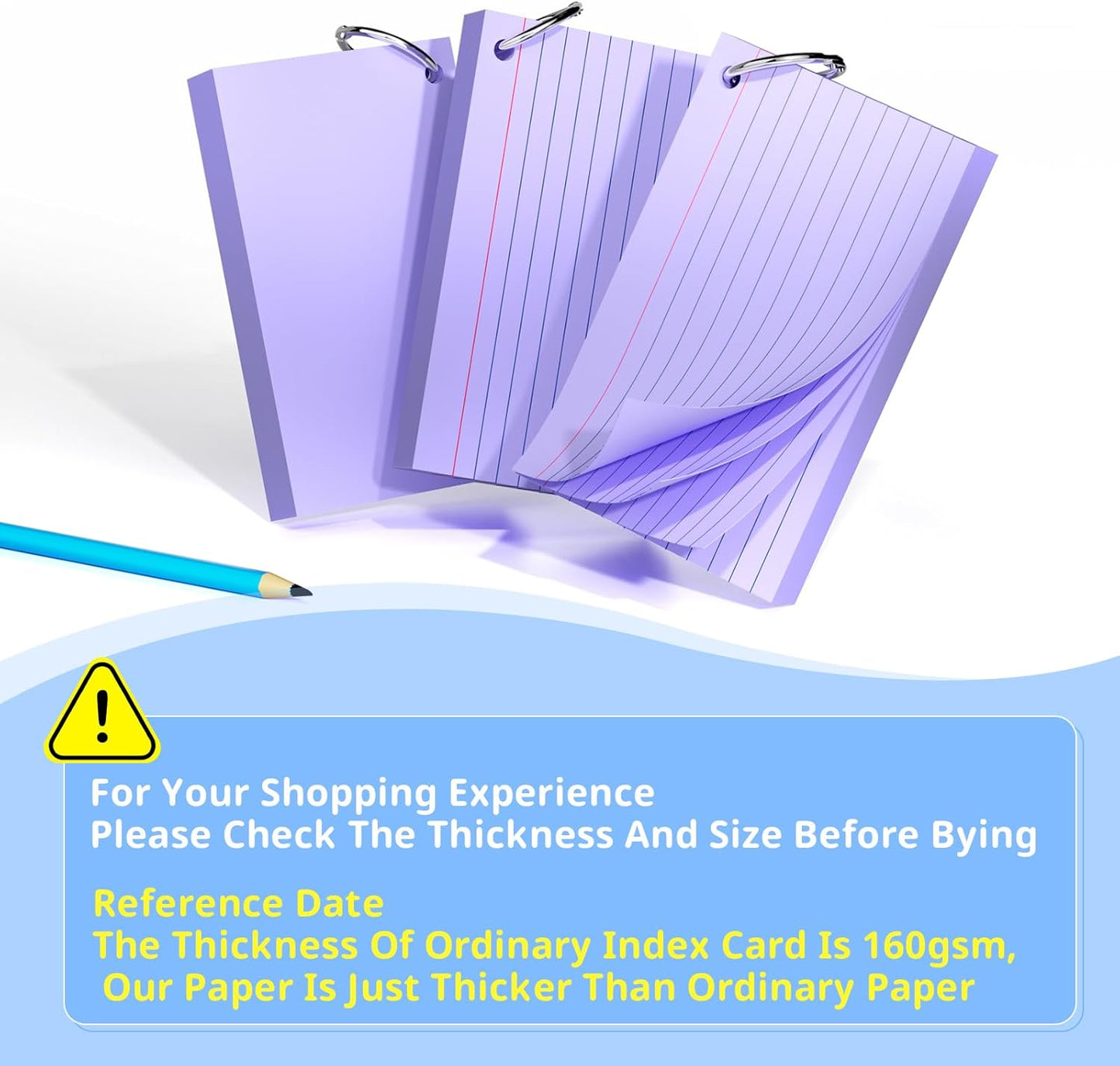 Index Cards 3x5 Inches, 300 PCS, Purple Flash Cards With Ring, Punched Lined Study Card Ruled Flashcards Notecards, Ruled Front And Blank Back, Note Card for School, College And Home